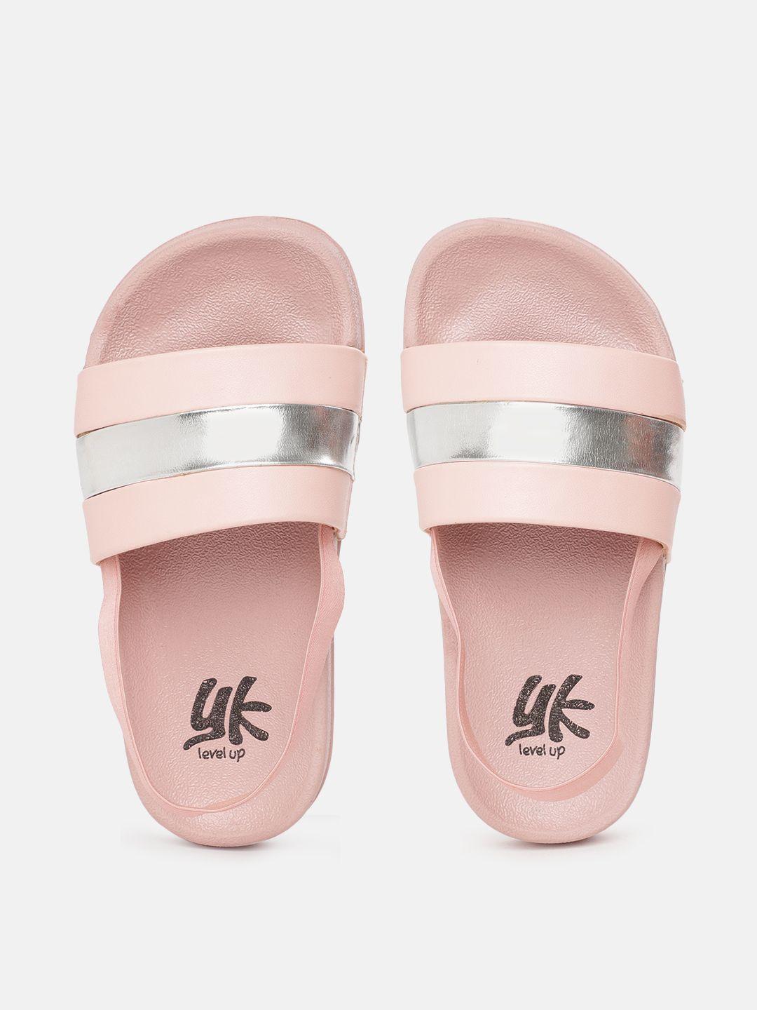 yk girls peach-coloured & silver-toned striped sliders