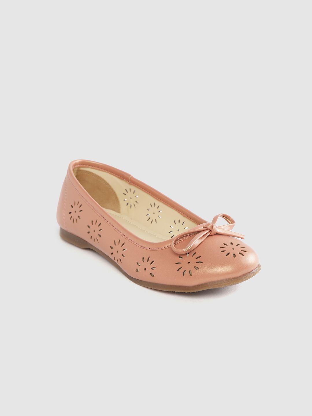 yk girls peach-coloured laser cut ballerinas with bow detail