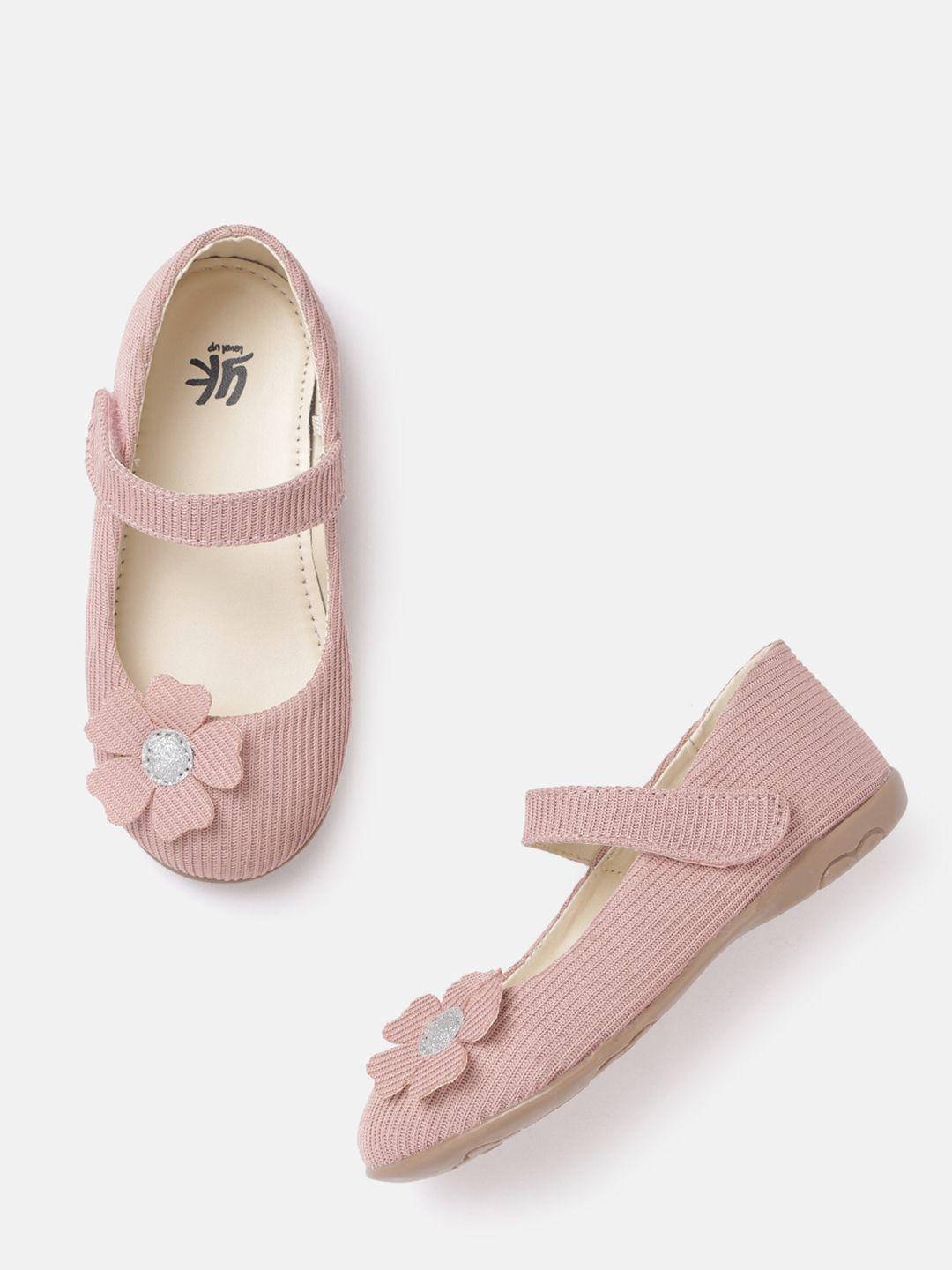 yk girls peach-coloured self-striped mary janes with floral applique