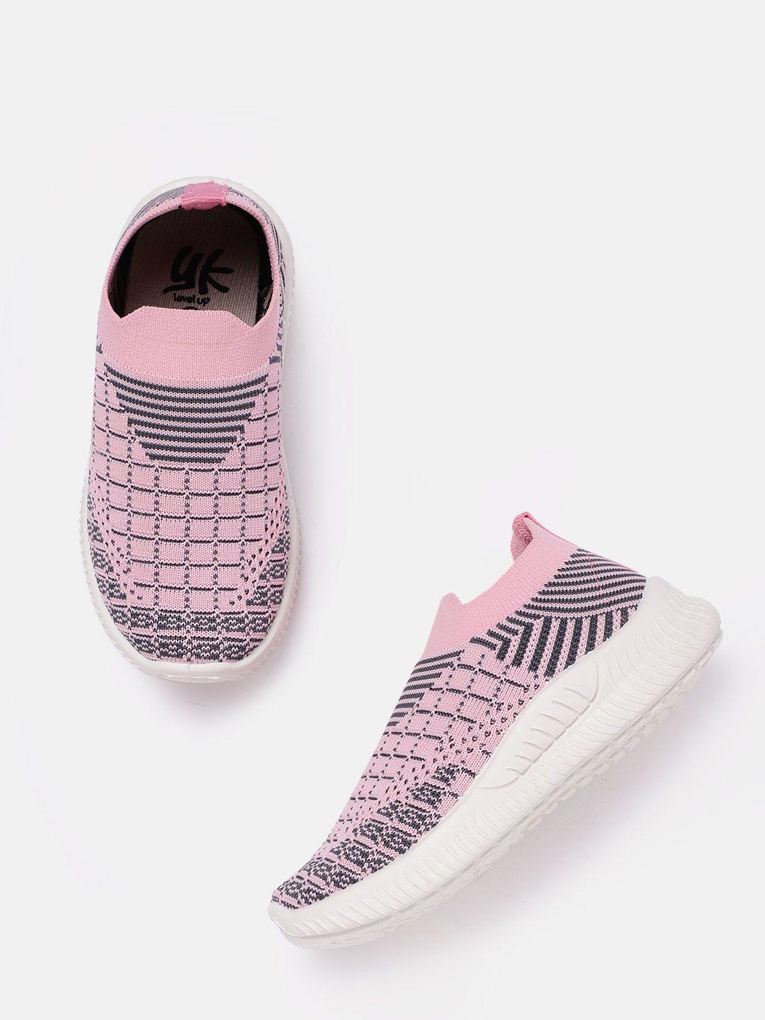 yk girls pink & grey self-checked slip-on sneakers