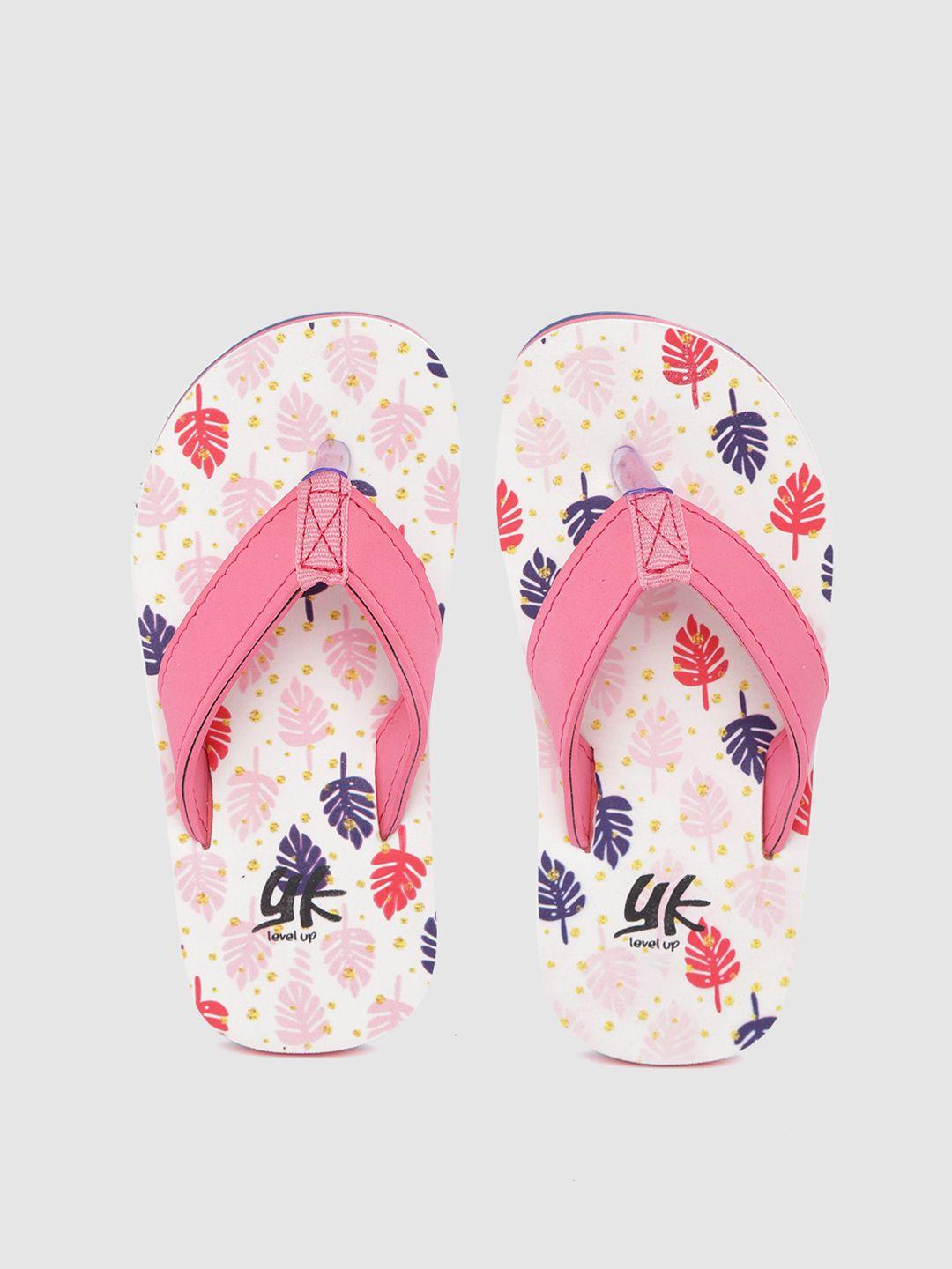 yk girls pink & white leaf print thong flip-flops