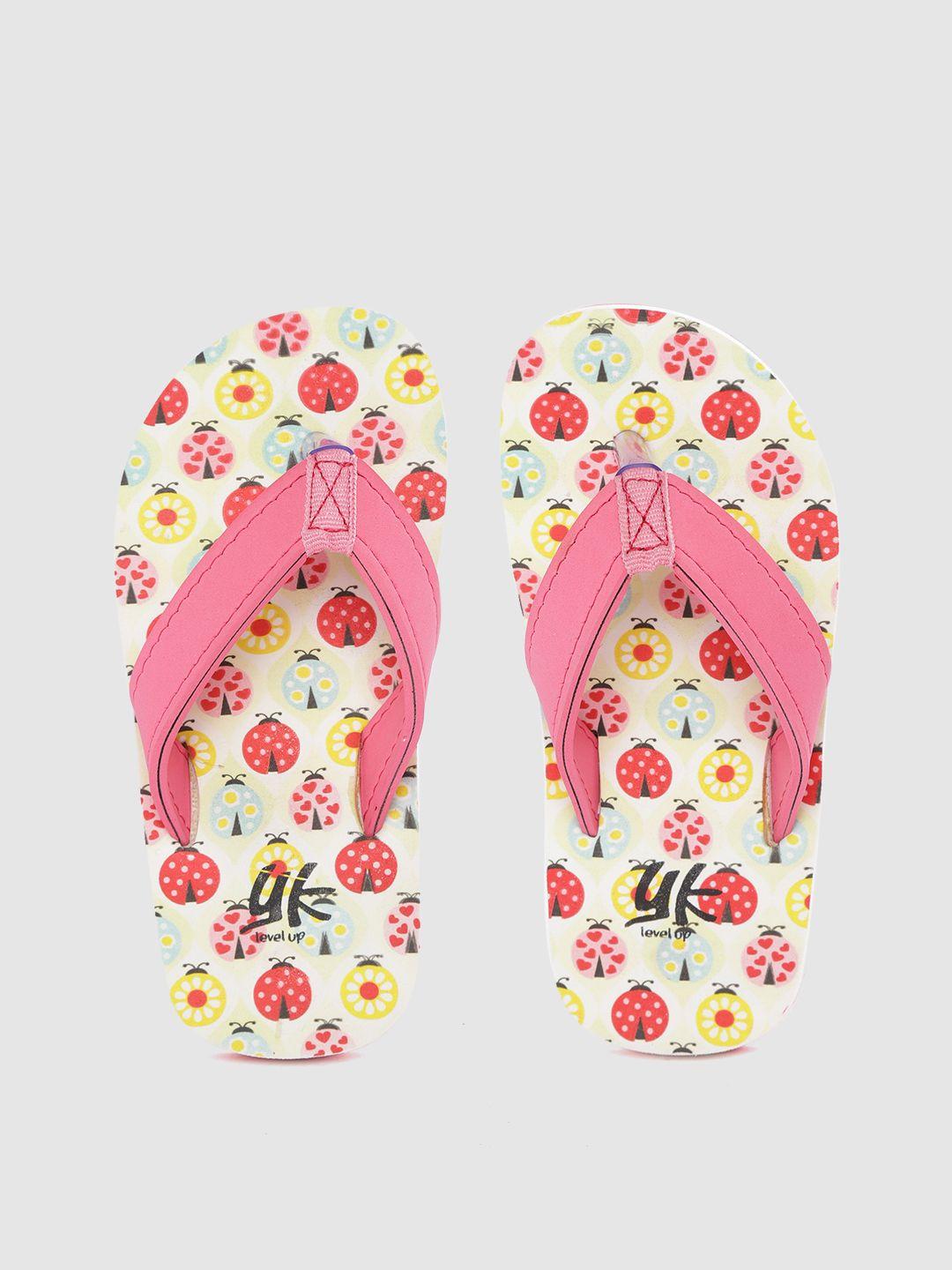 yk girls pink & yellow printed thong flip-flops