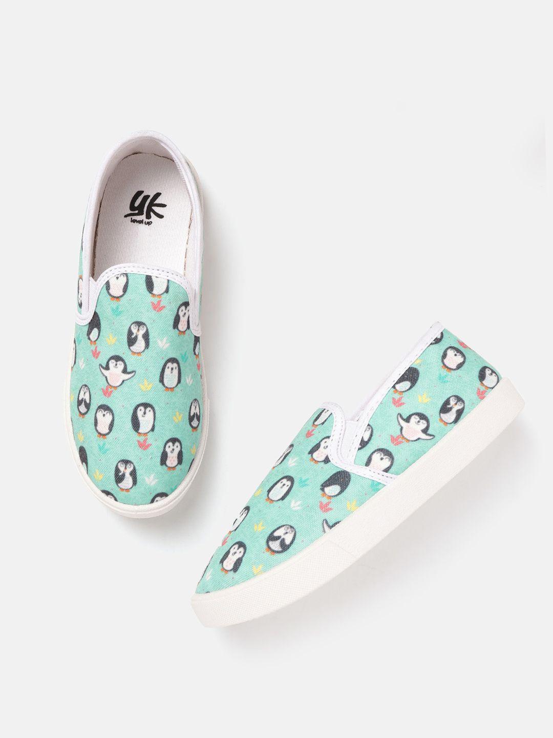 yk girls sea green & black penguin print slip-on sneakers