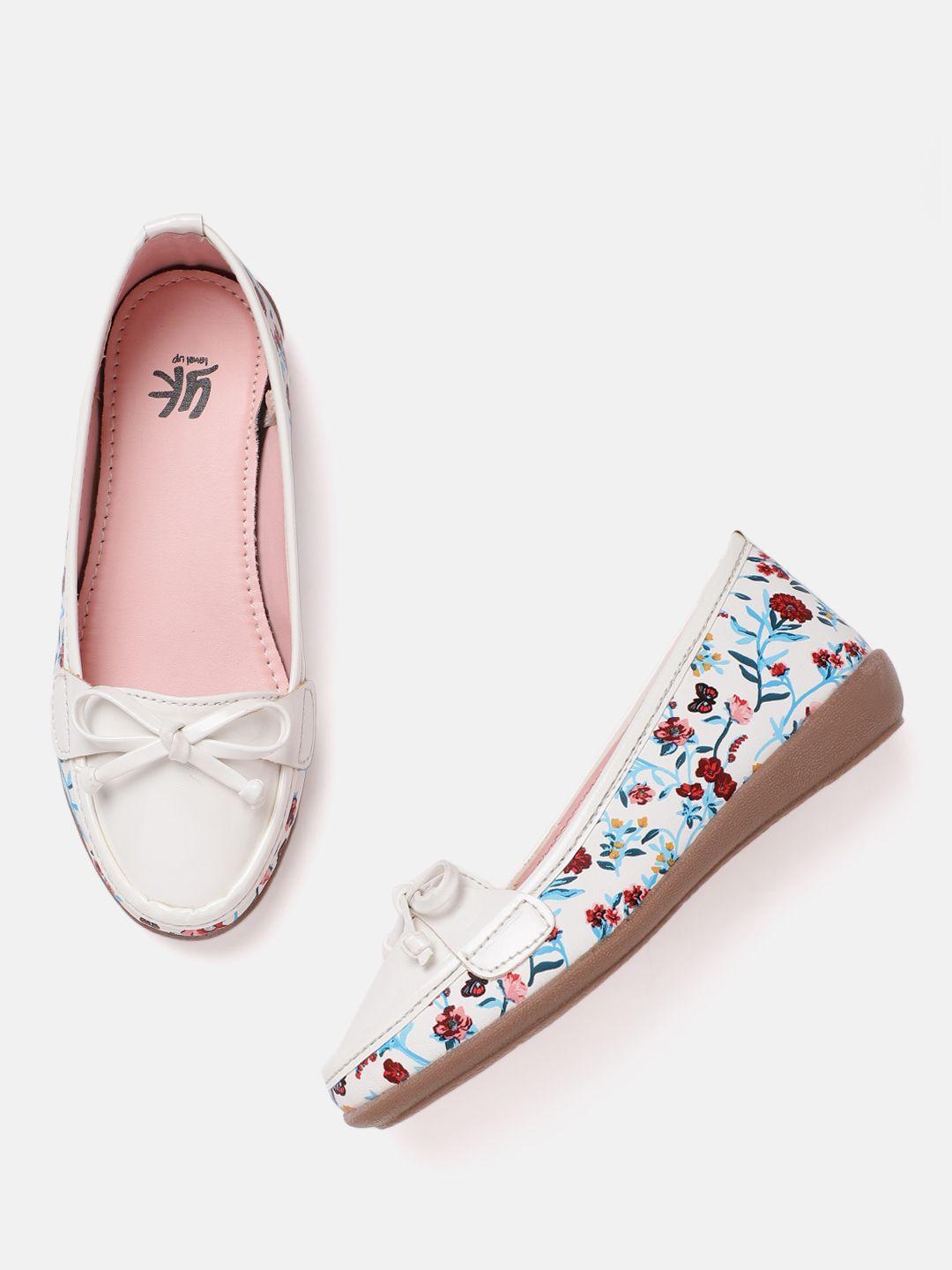 yk girls white & blue floral print ballerinas with bow detail