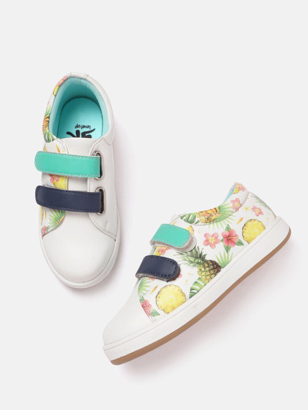 yk girls white & green printed sneakers