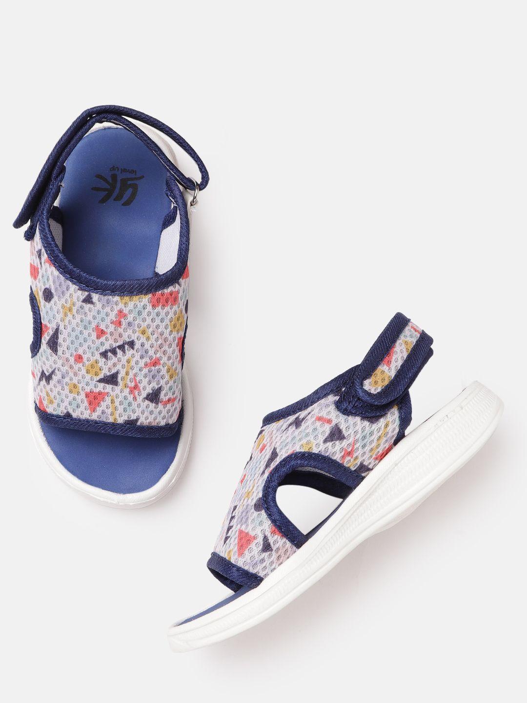 yk girls white & navy blue printed sports sandals