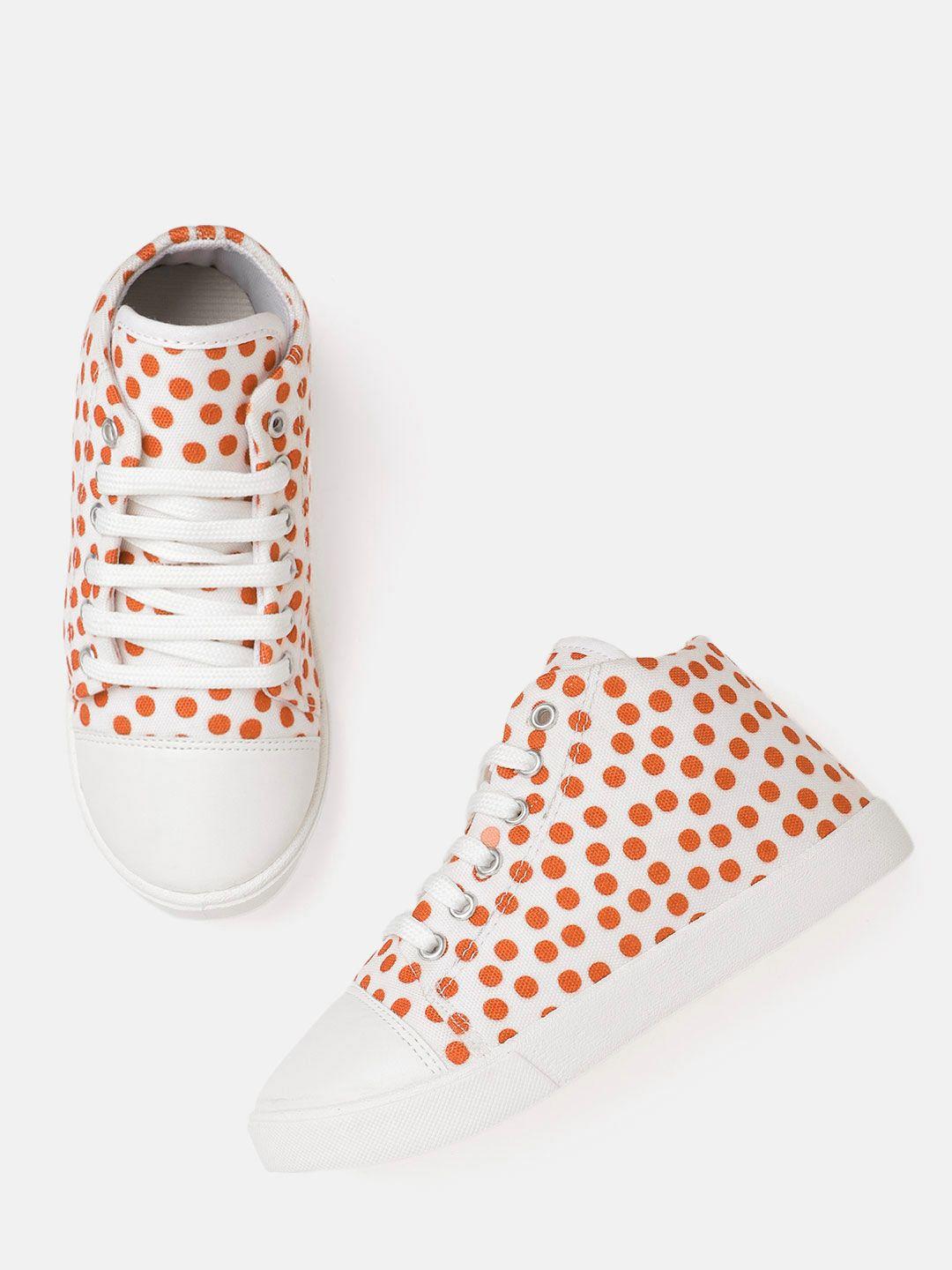 yk girls white & rust orange polka dot print mid-top sneakers