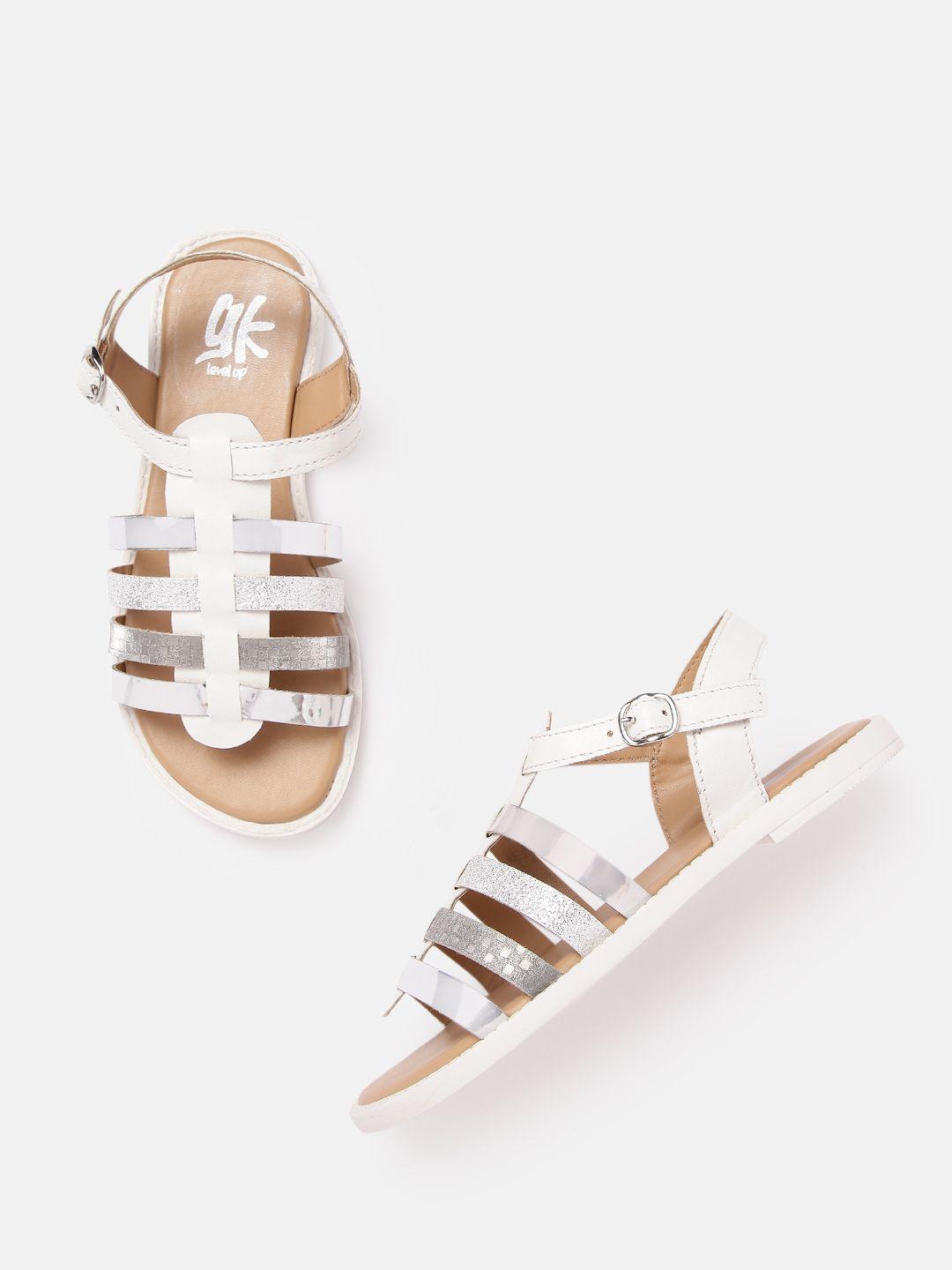 yk girls white & silver-toned solid gladiators with shimmer detail