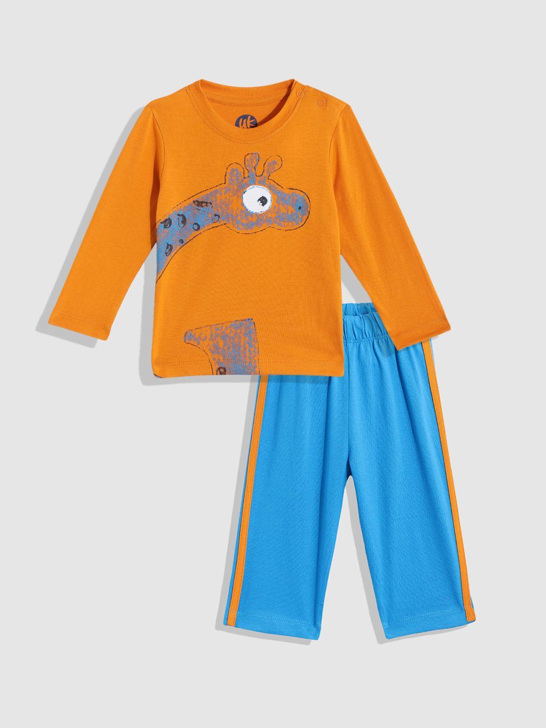 yk infant boys orange & blue printed cotton t-shirt with trousers