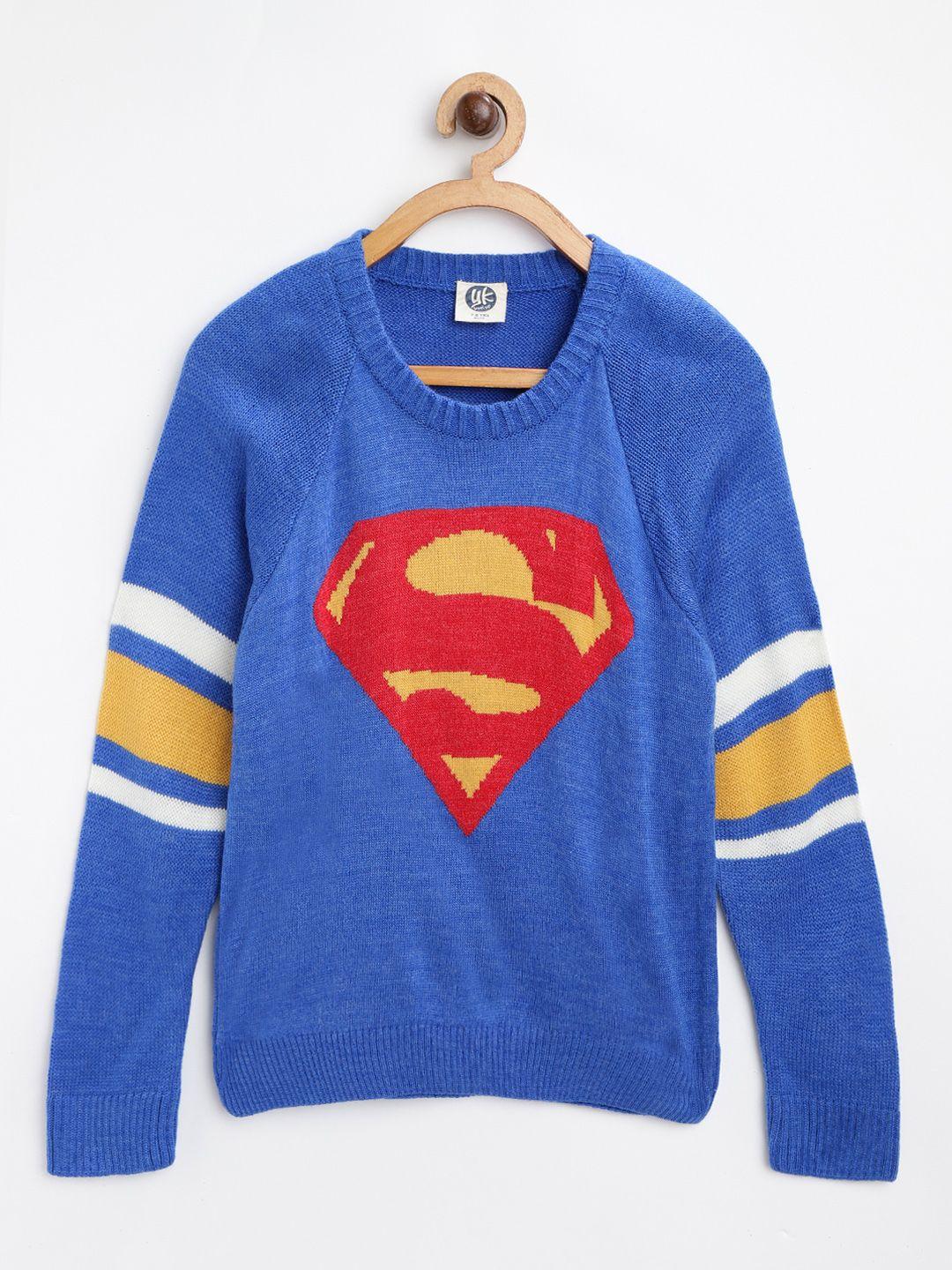 yk justice league boys blue & red superman patterned acrylic sweater