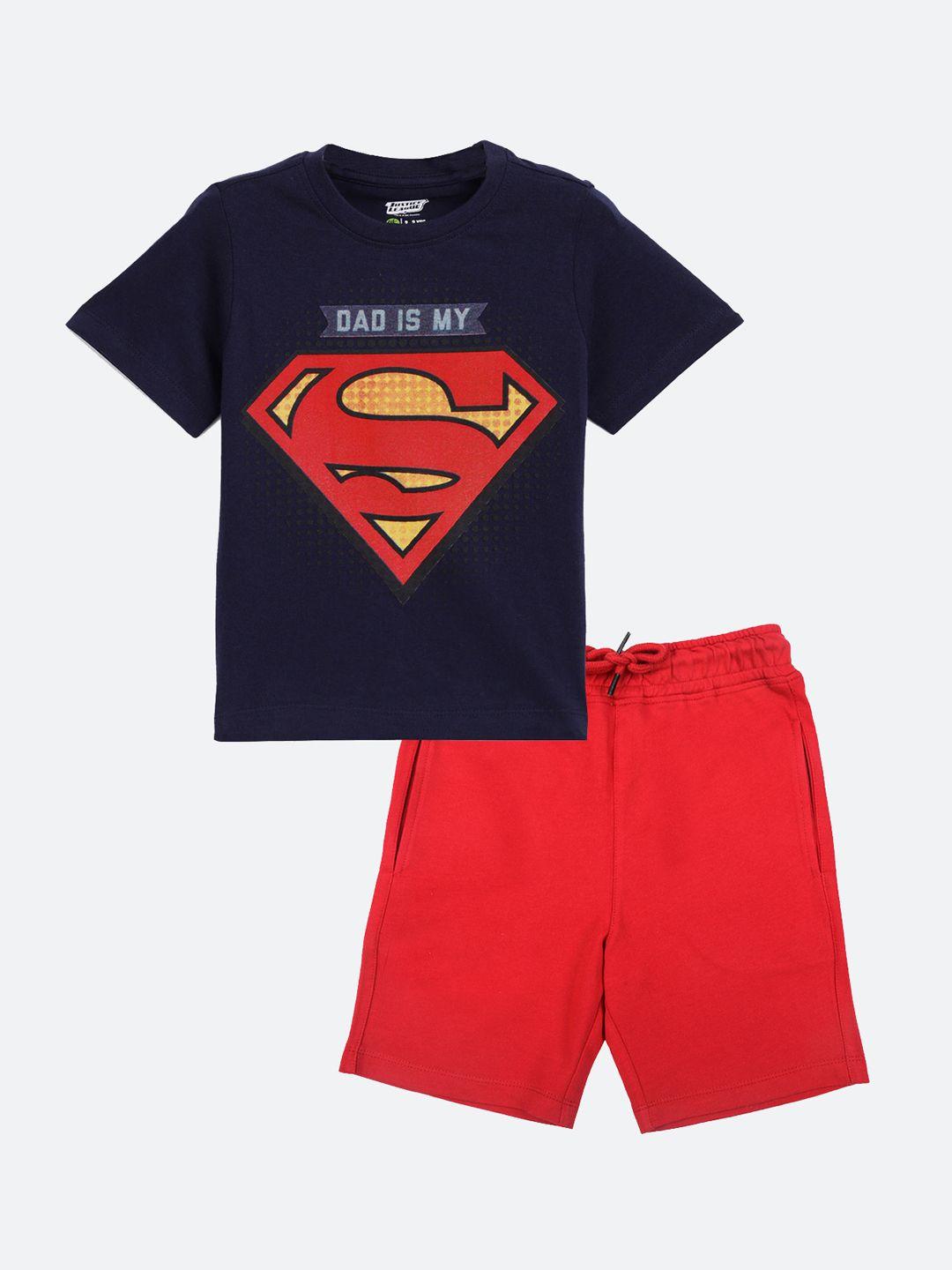 yk justice league boys navy blue & red printed t-shirt with shorts