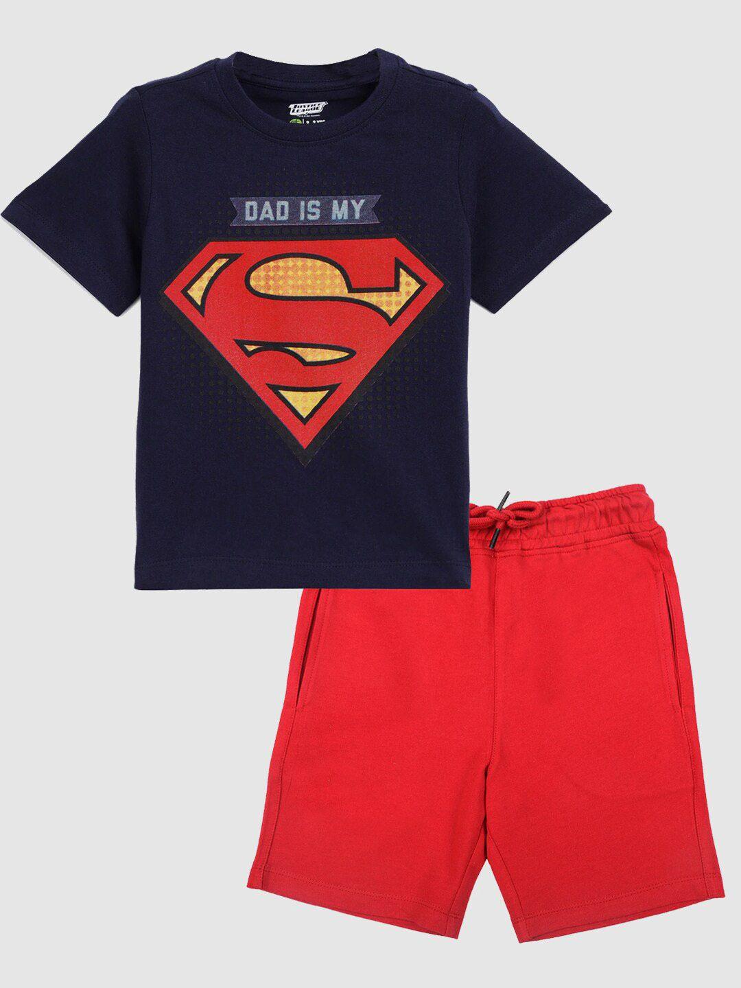 yk justice league boys navy blue & red superman printed t-shirt with shorts