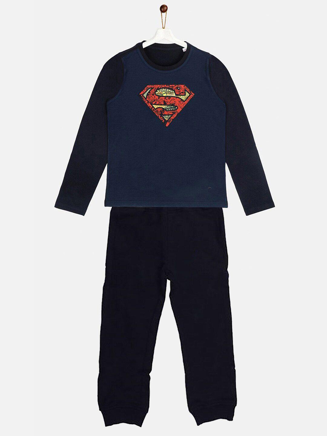 yk justice league boys navy blue superman printed clothing set