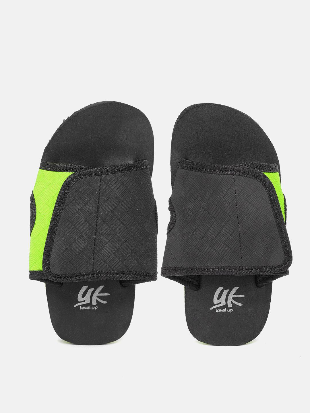 yk kids black & fluorescent green self-design sliders