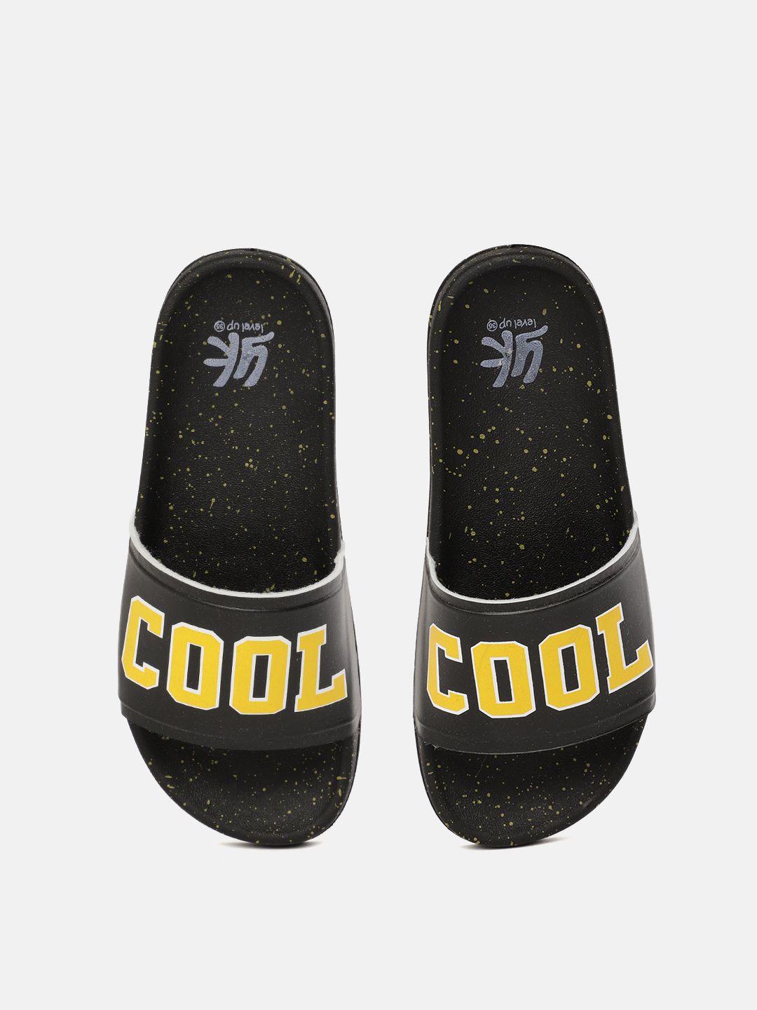 yk kids black & yellow typography print sliders