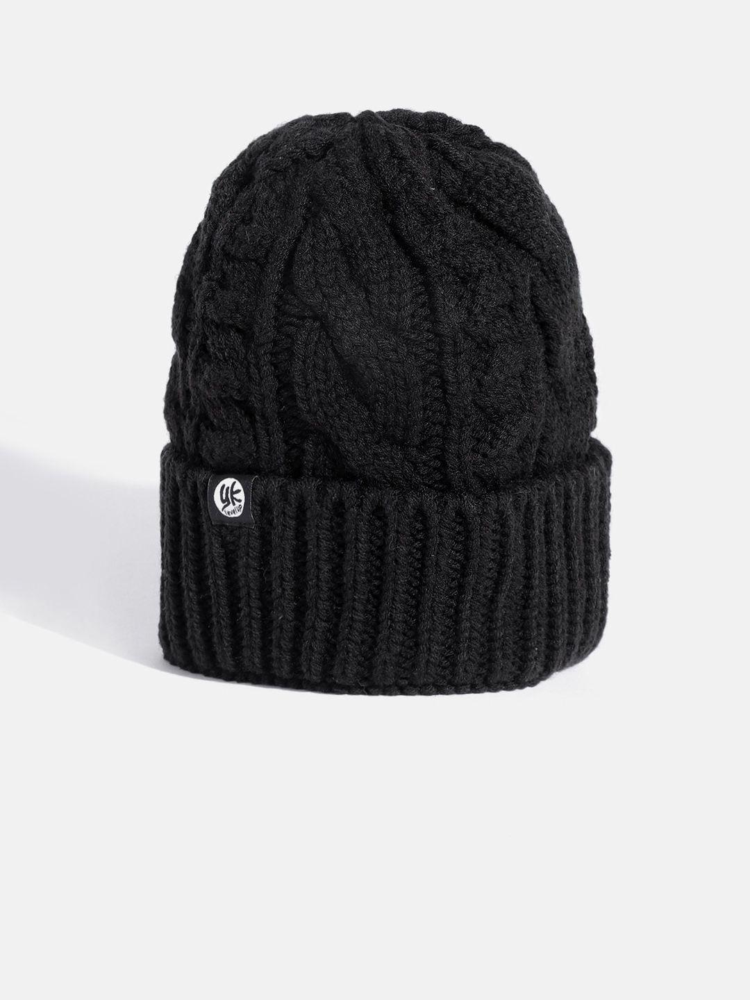 yk kids black cable knit self-design beanie