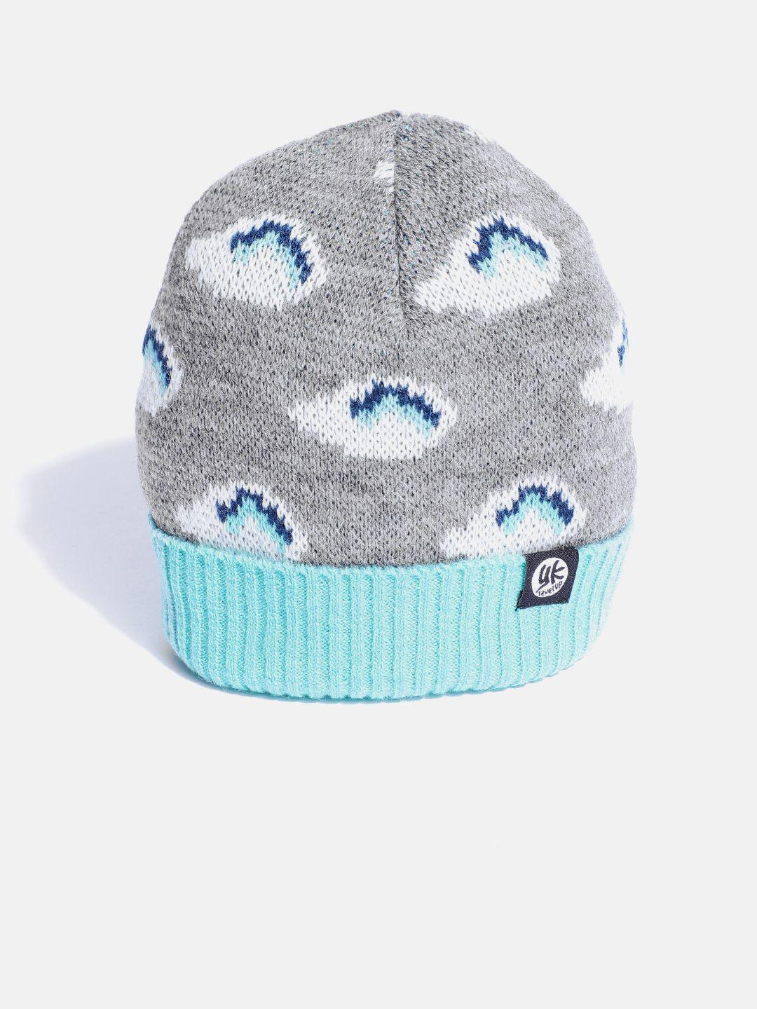 yk kids grey & green woven design beanie