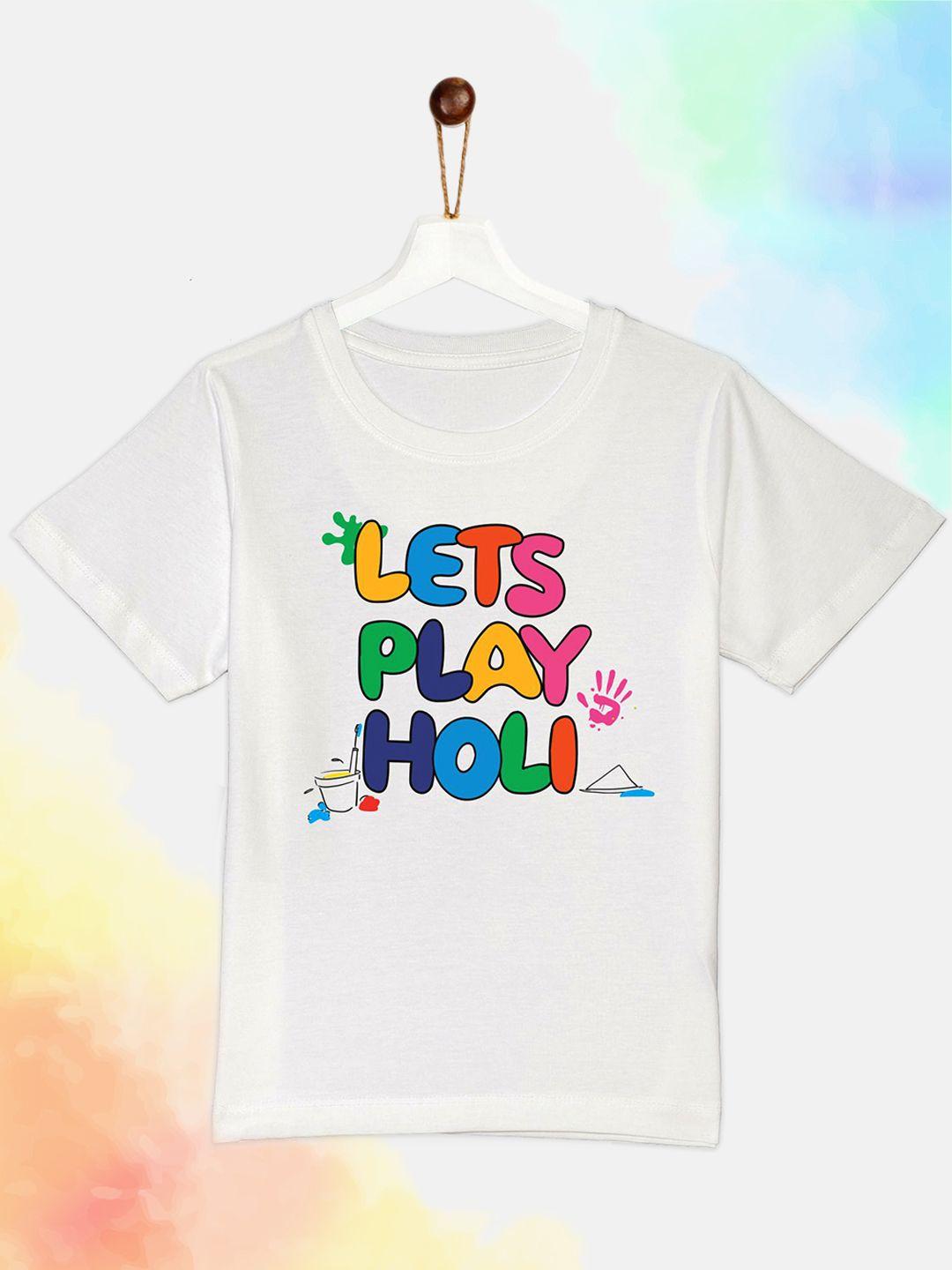 yk kids holi white & multicoloured typography printed pure cotton t-shirt