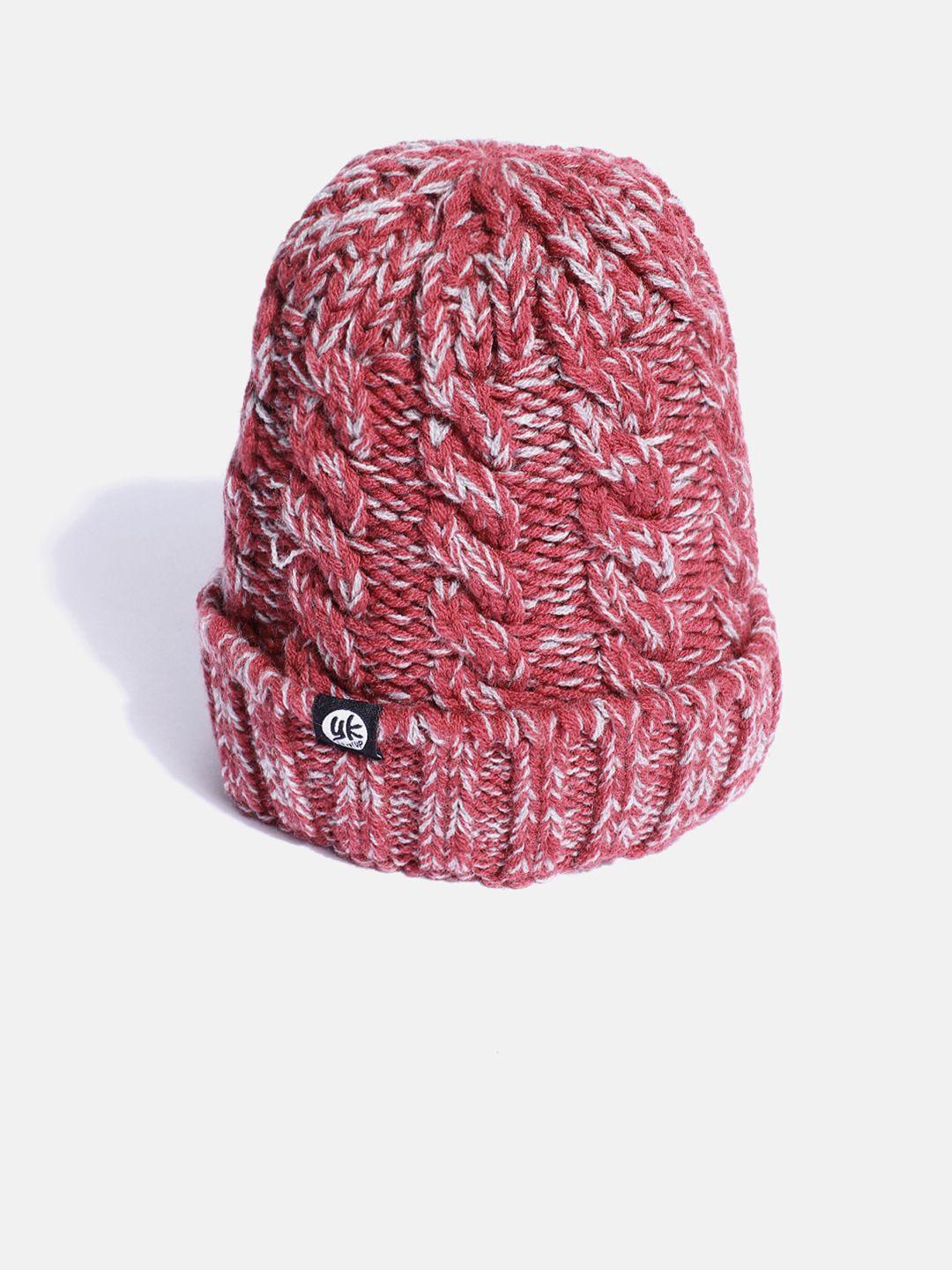 yk kids maroon & grey cable knit self-design beanie