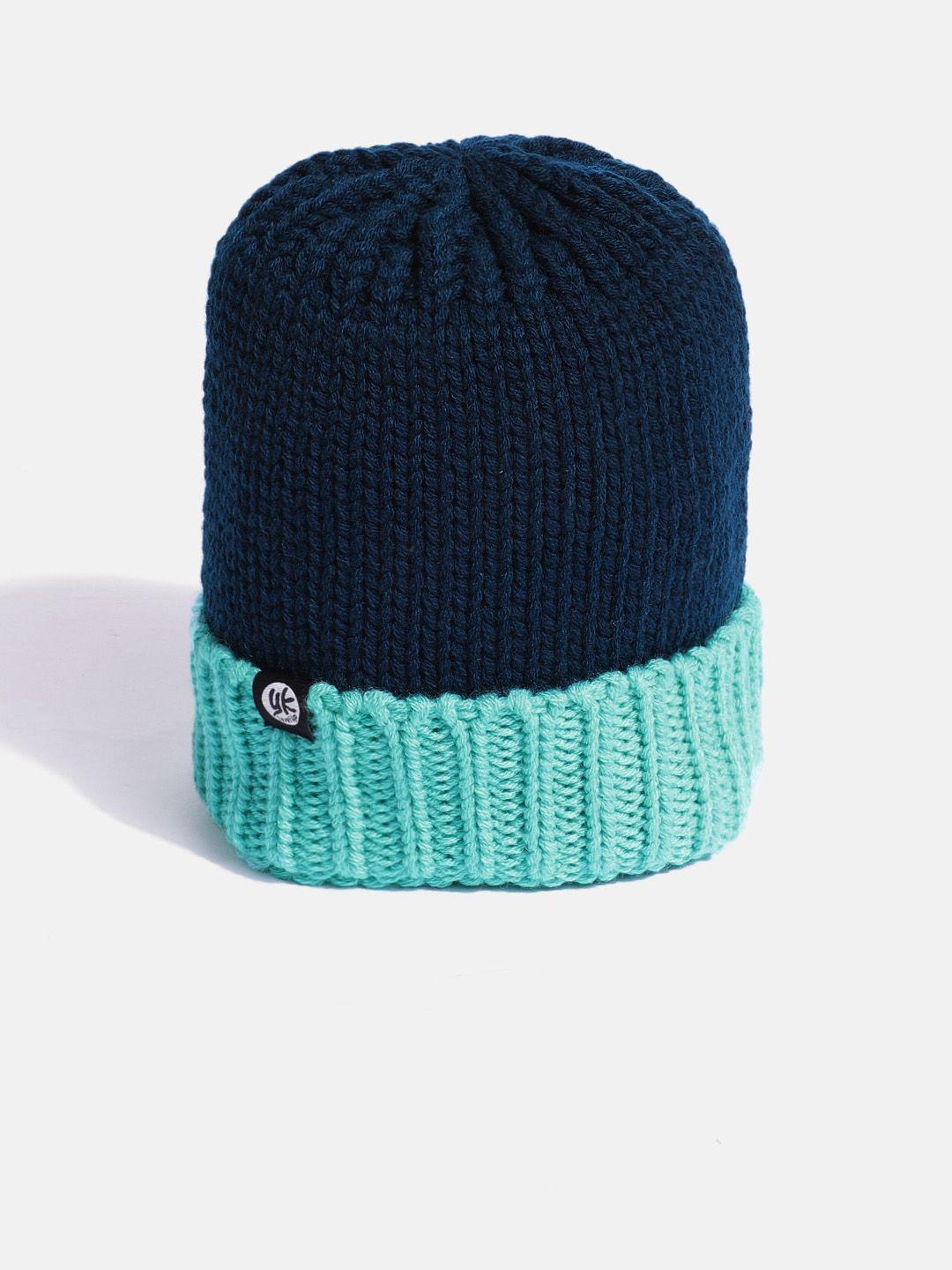 yk kids navy & sea green colourblocked beanie