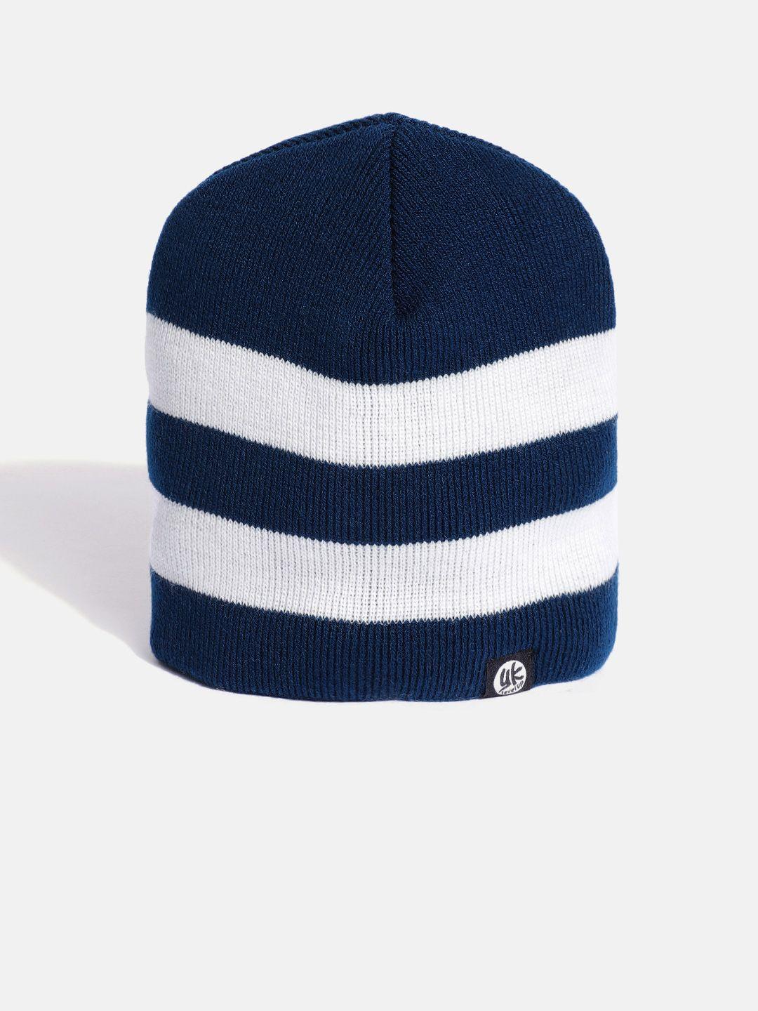 yk kids navy & white striped beanie