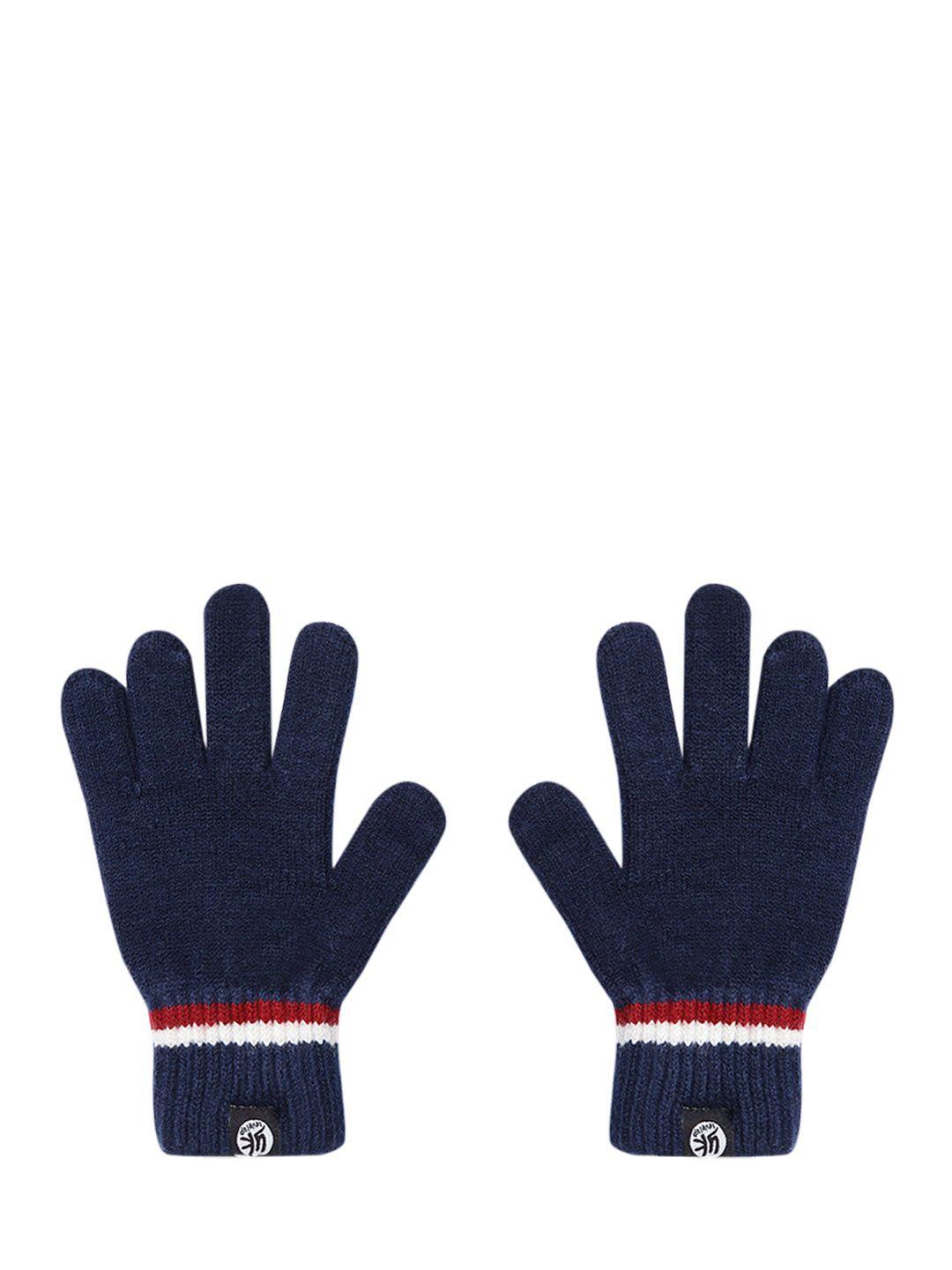 yk kids navy solid hand gloves with striped detail