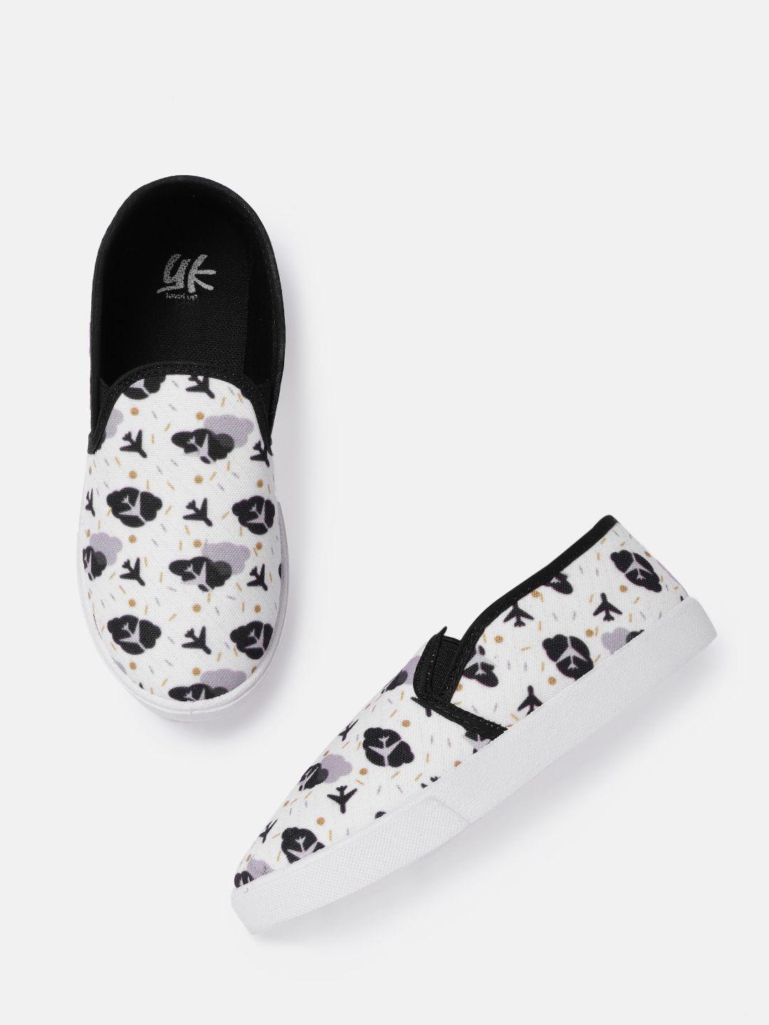 yk kids off-white & black conversational print washable slip-on sneakers