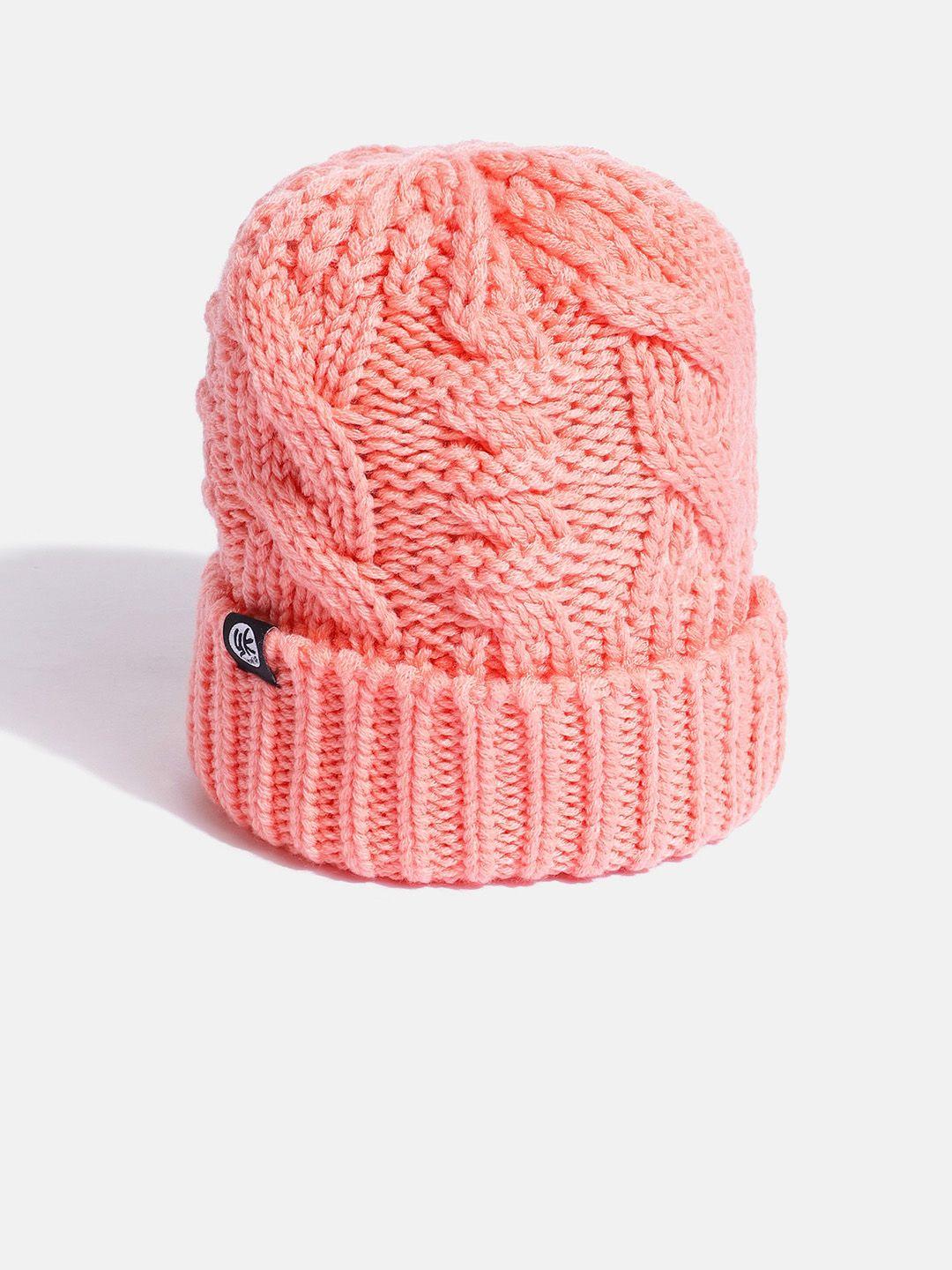 yk kids peach-coloured cable knit self-design beanie