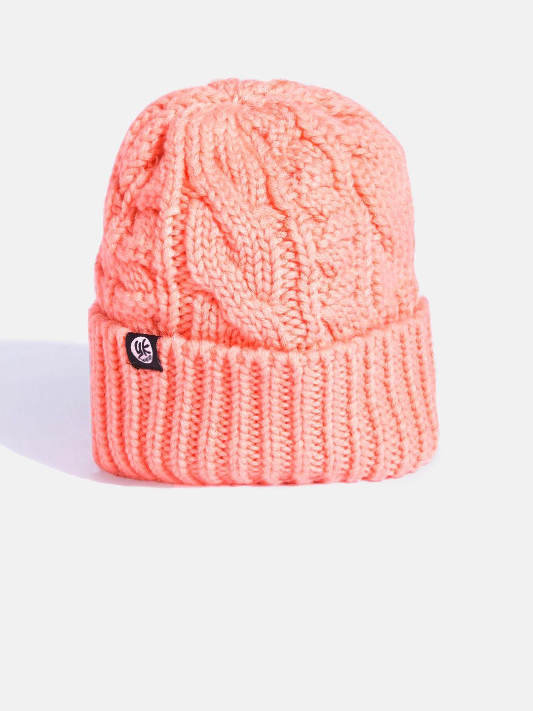 yk kids peach-coloured cable knit self-design beanie