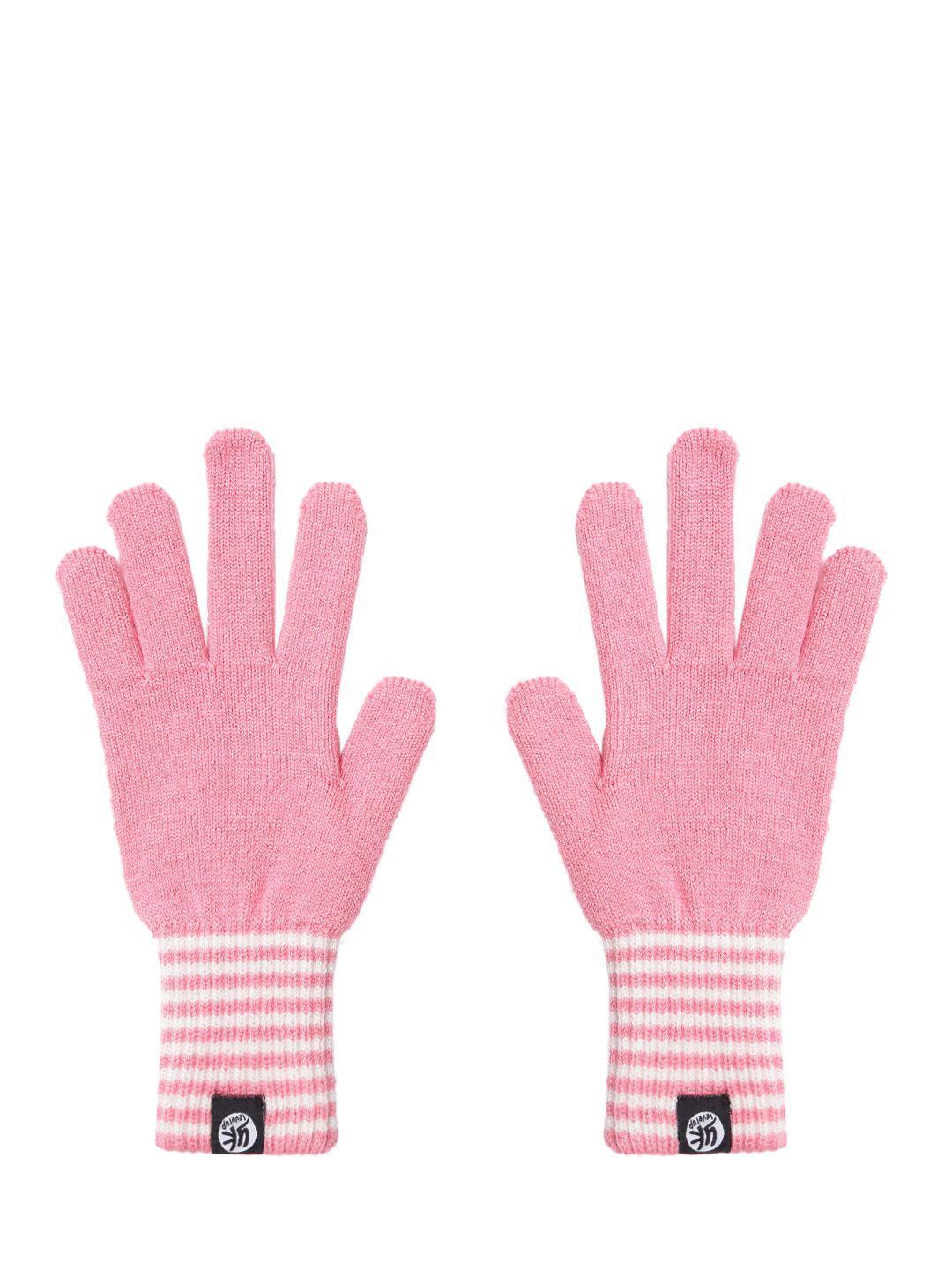 yk kids pink & white striped detail hand gloves
