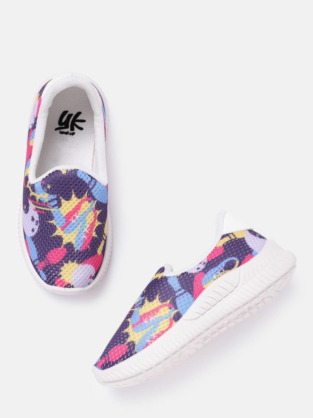 yk kids purple & yellow printed slip-on sneakers