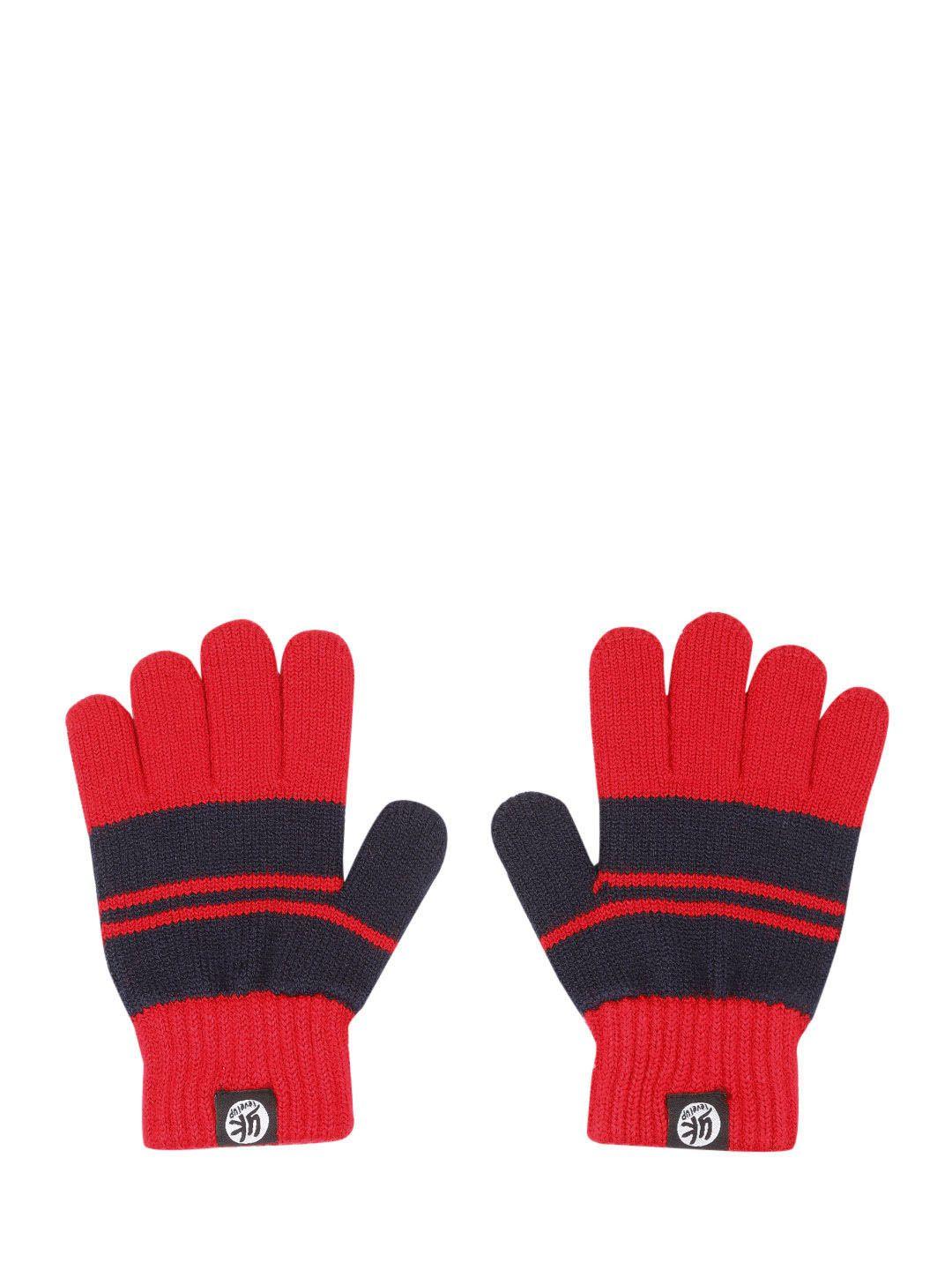 yk kids red & navy blue striped acrylic gloves