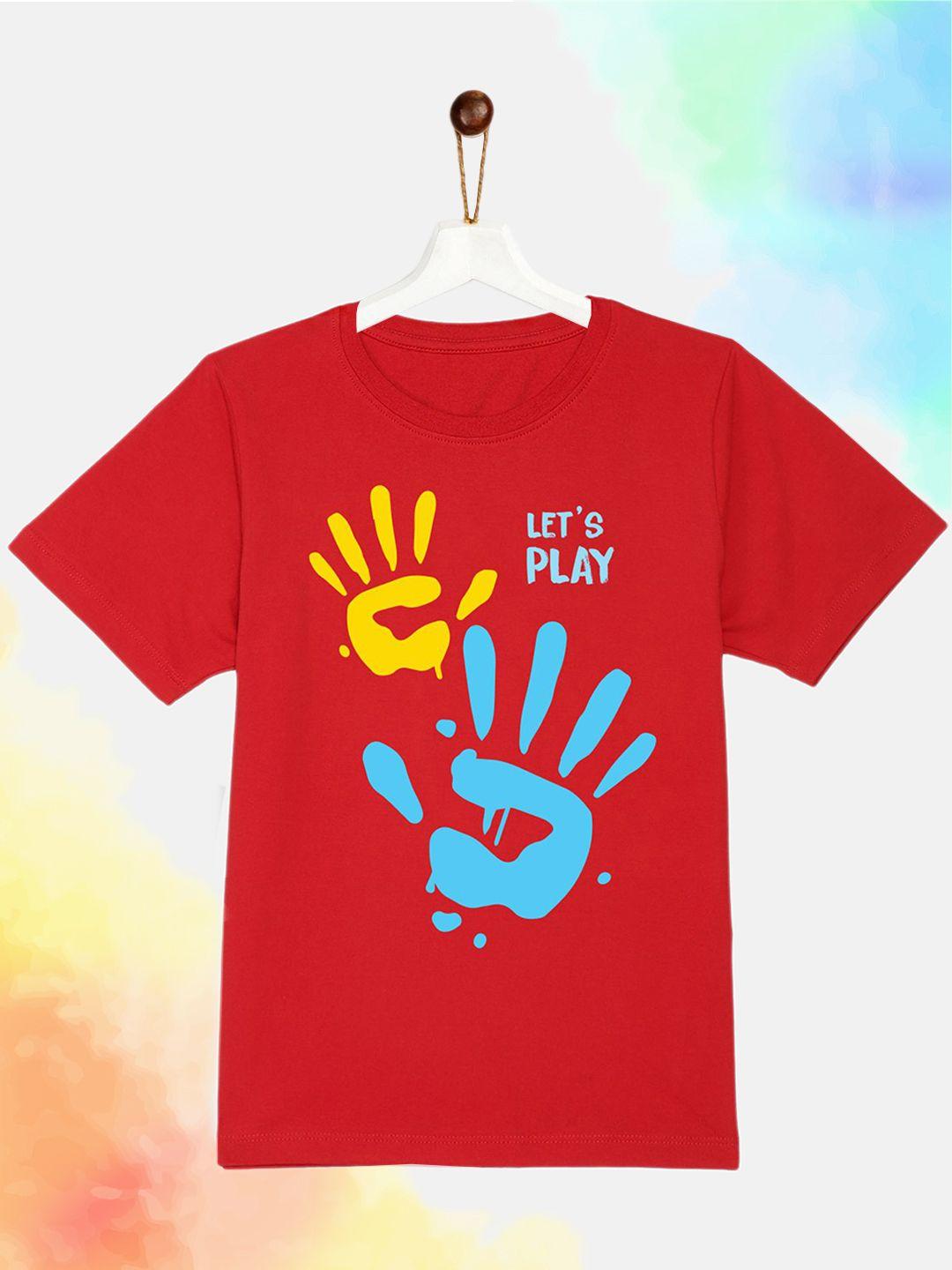 yk kids red typography printed pure cotton holi t-shirt