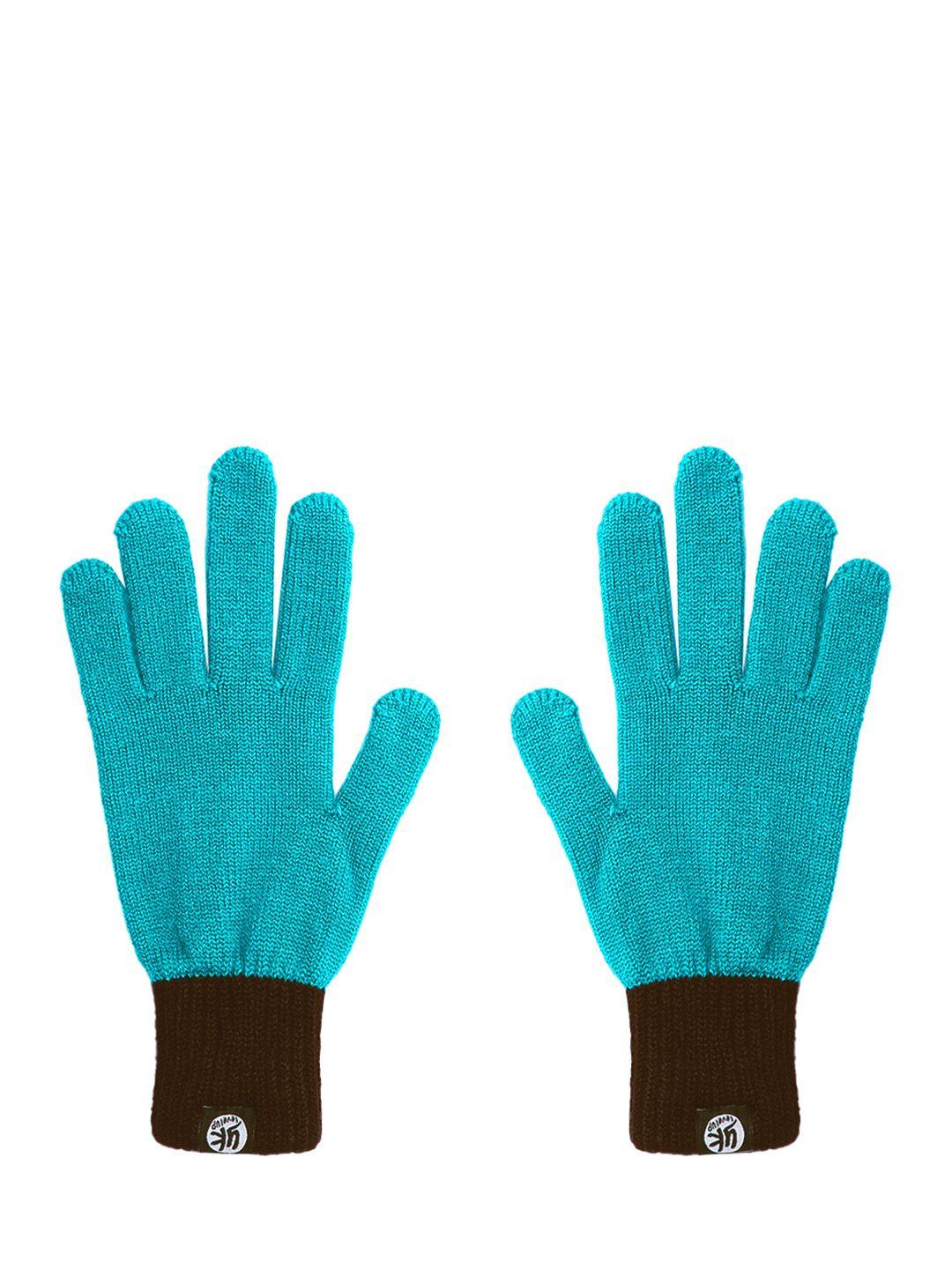 yk kids turquoise blue & coffee brown colourblocked detail hand gloves