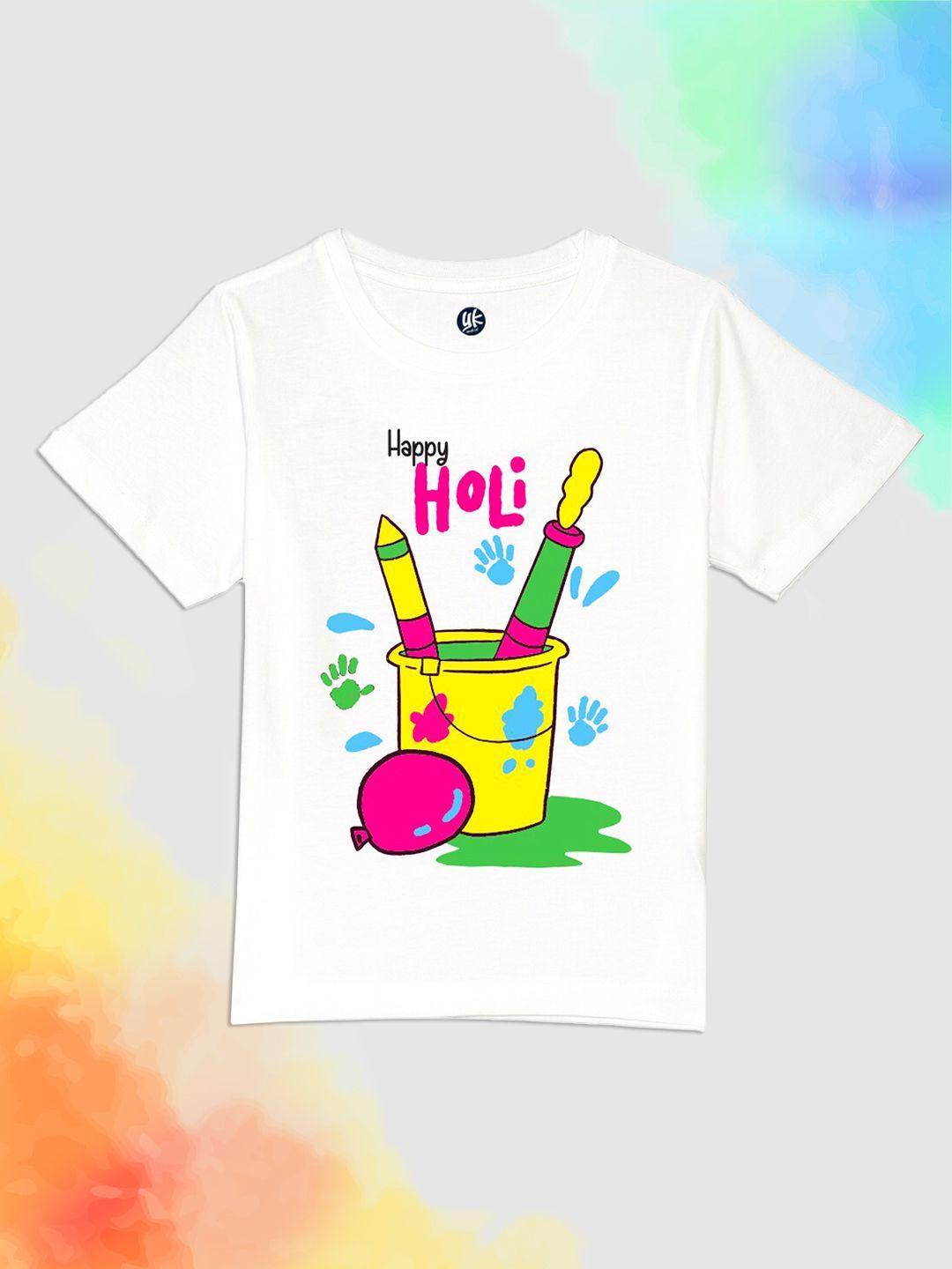 yk kids white holi printed pure cotton t-shirt