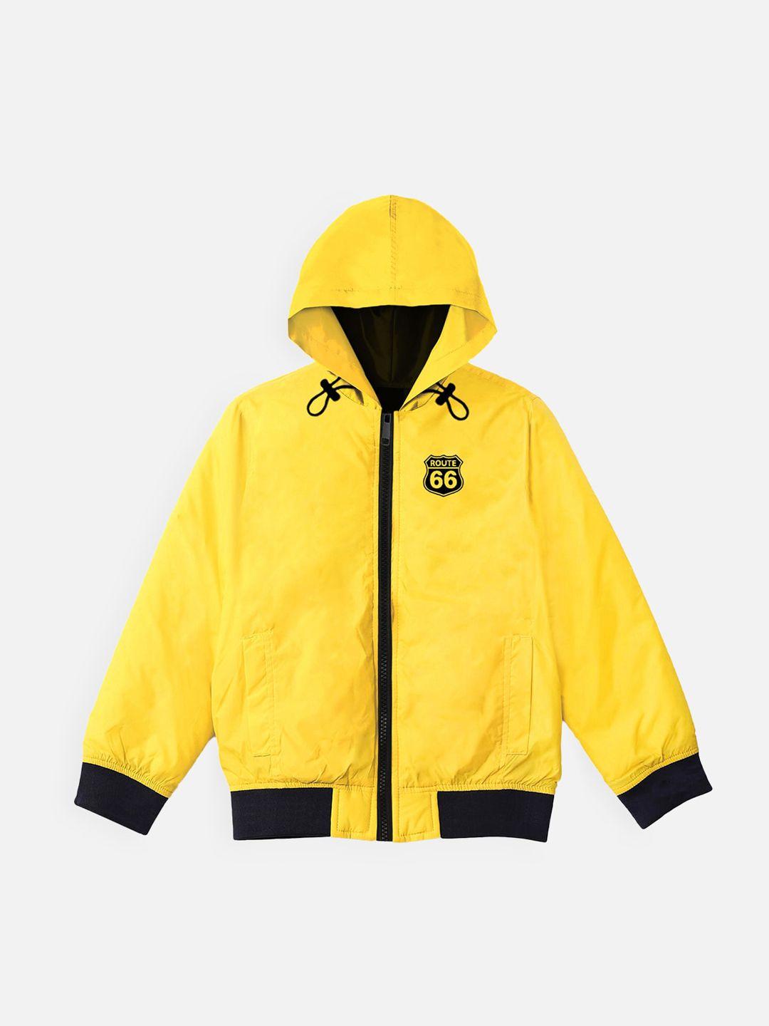 yk kids yellow & black solid hooded bomber jacket