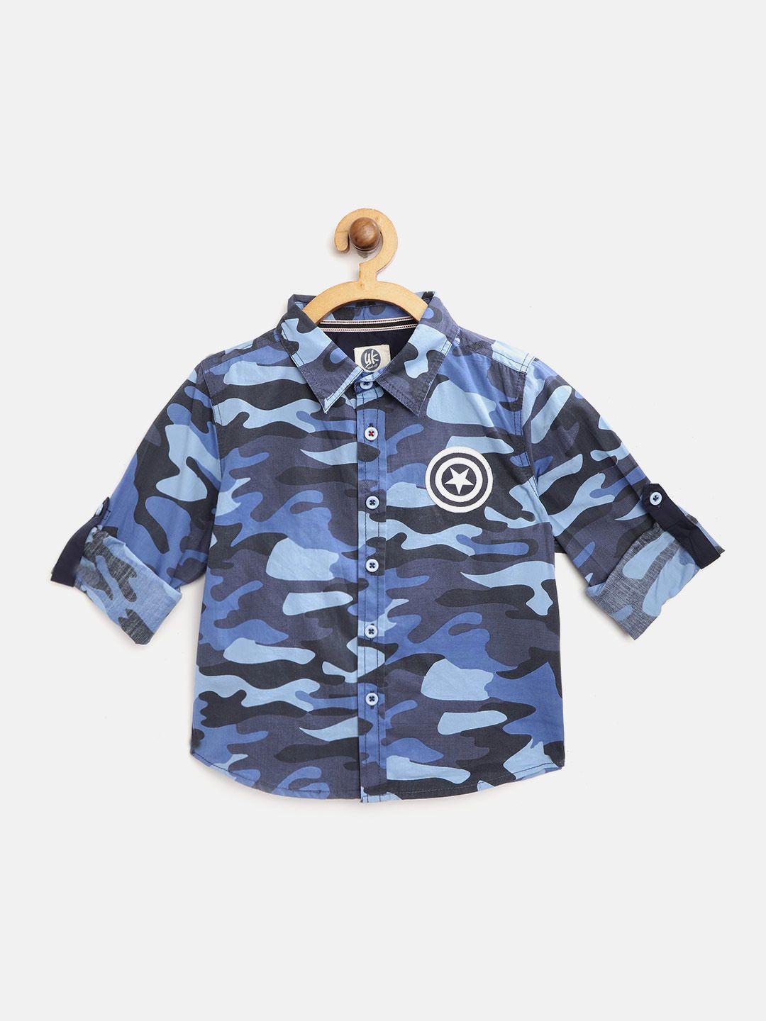 yk marvel boys blue regular fit camouflage print casual shirt with printed back detail