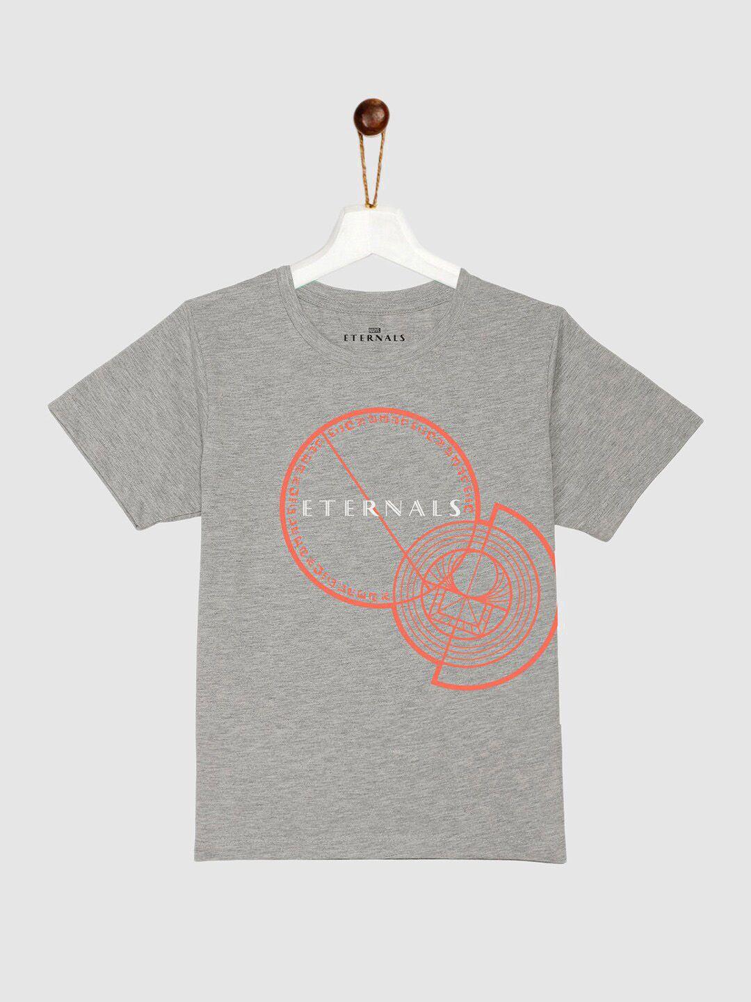 yk marvel boys grey melange & orange eternals printed pure cotton t-shirt