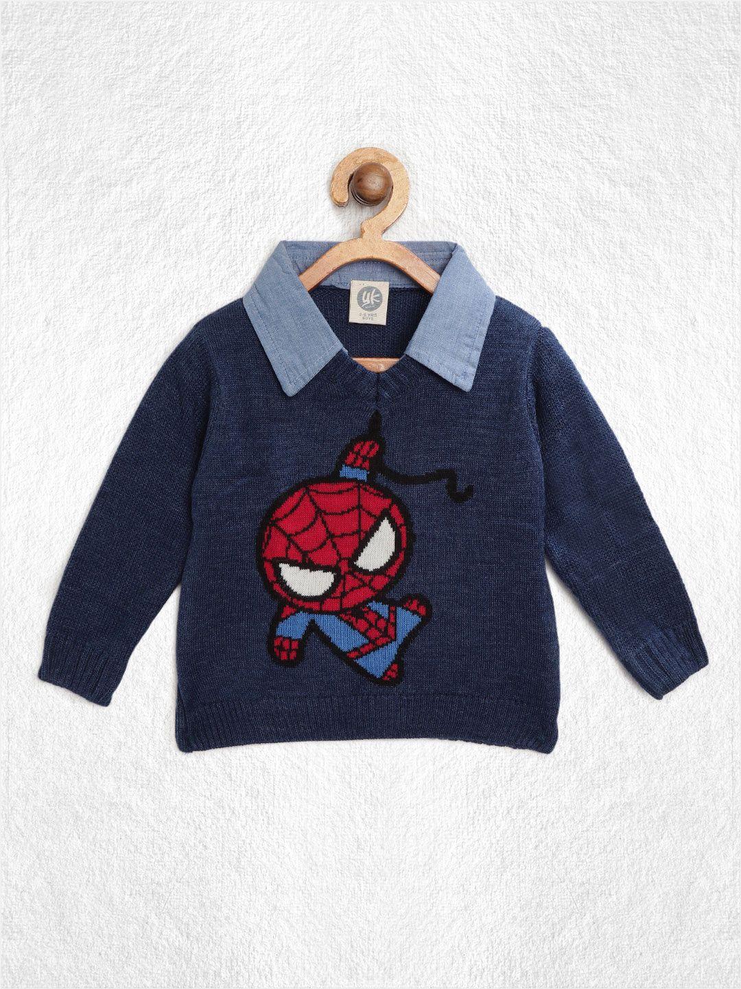 yk marvel boys navy blue & red spiderman self design pullover