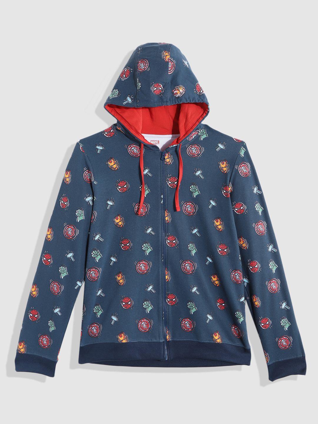 yk marvel boys navy blue & red superhero print hooded sweatshirt