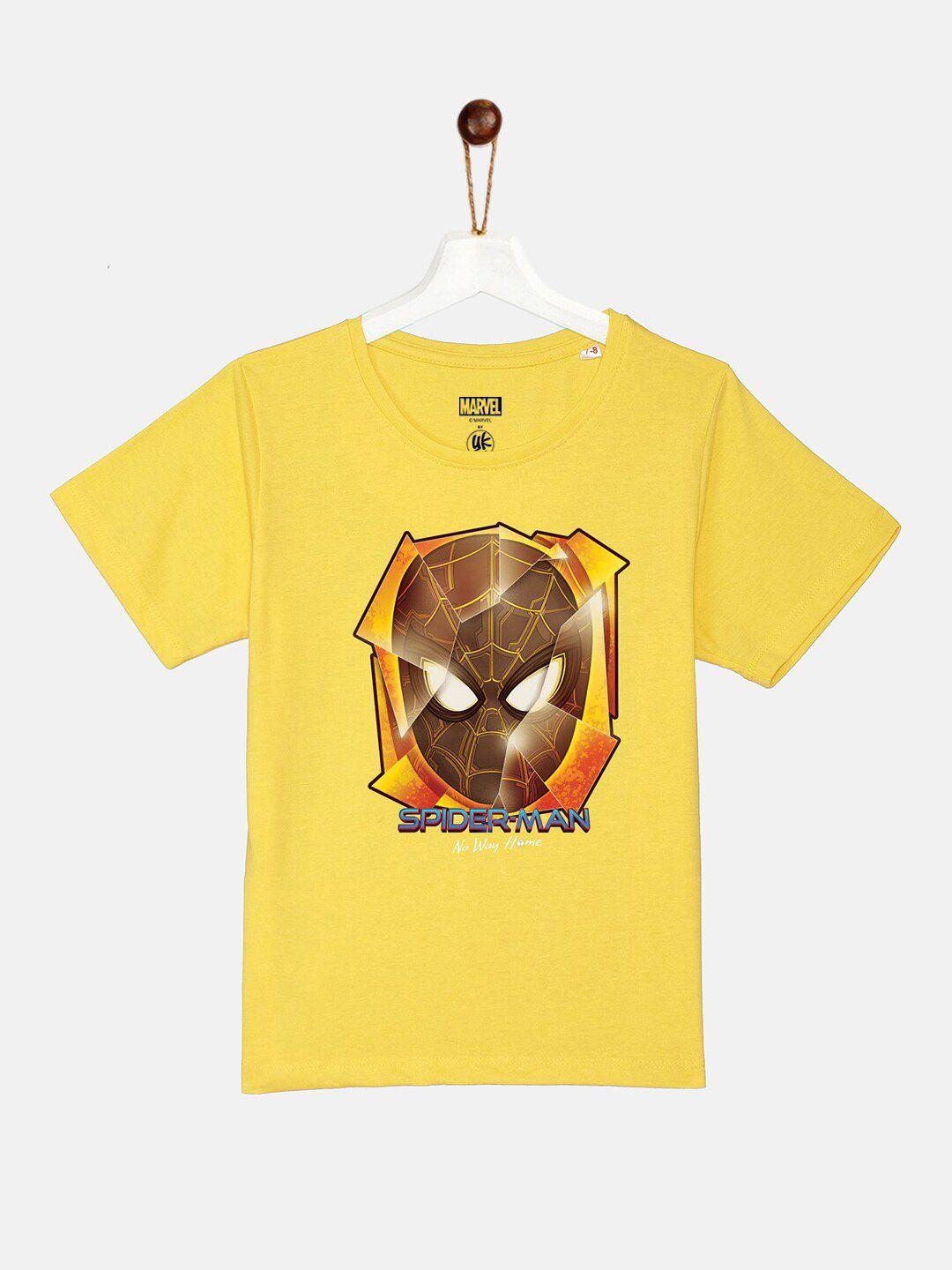 yk marvel boys yellow & brown spider-man printed pure cotton t-shirt