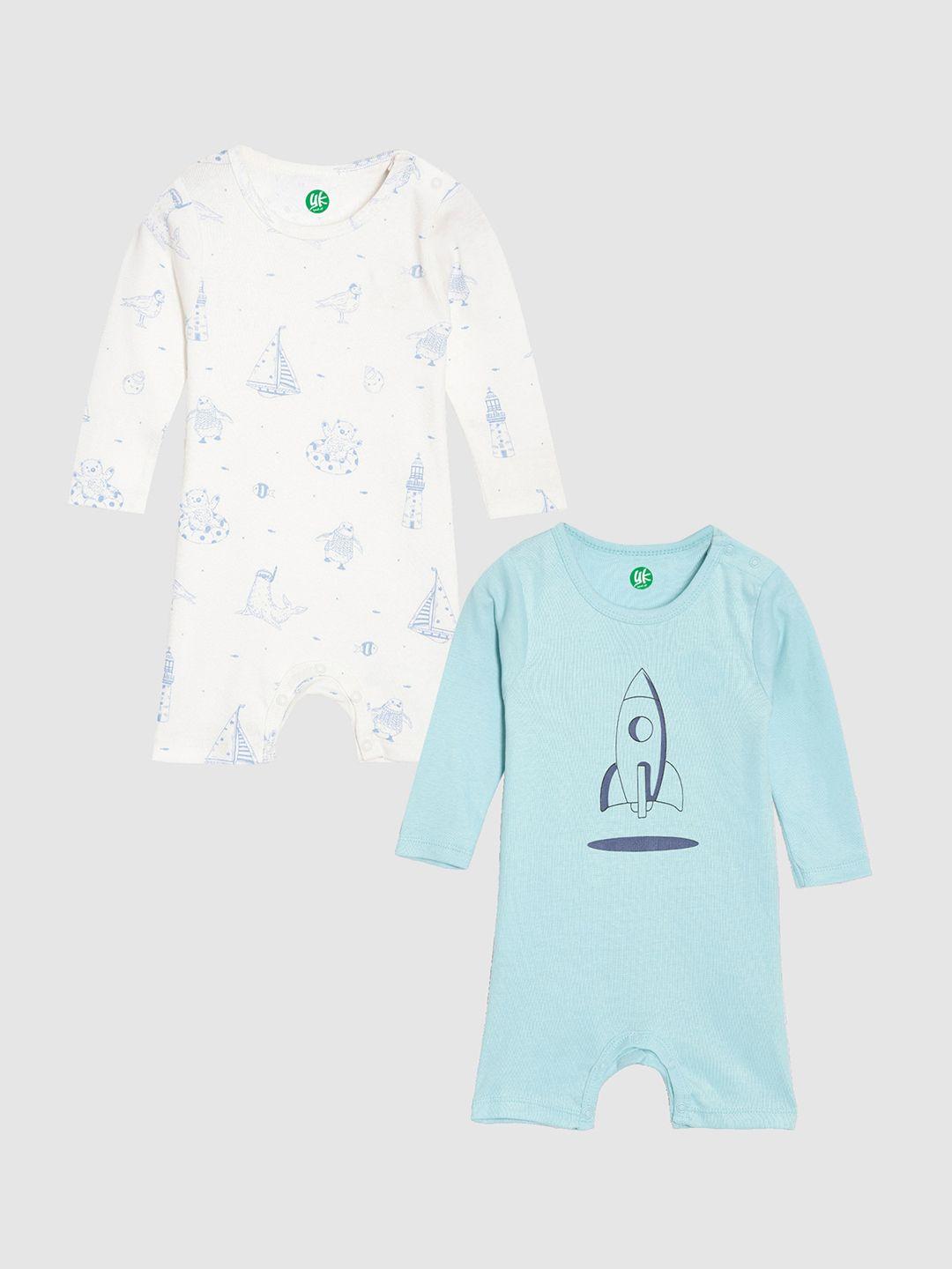 yk organic infant boys pack of 2 white & blue printed organic cotton rompers