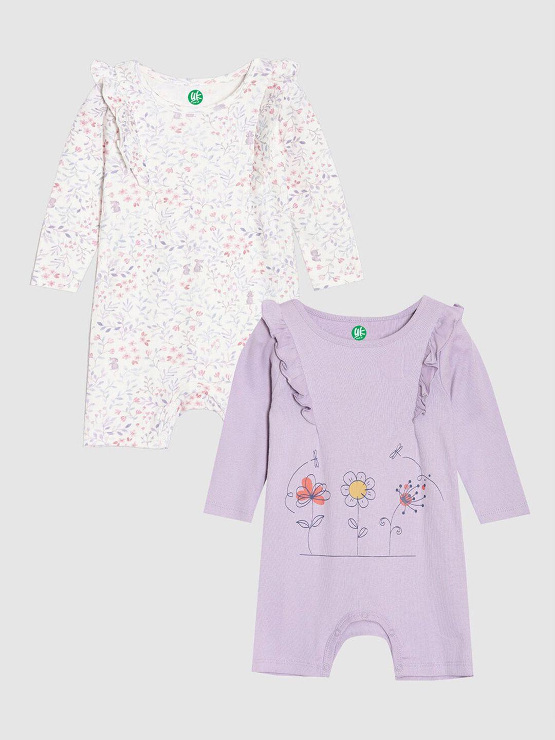 yk organic infant girls pack of 2 white and lavender printed pure organic cotton rompers