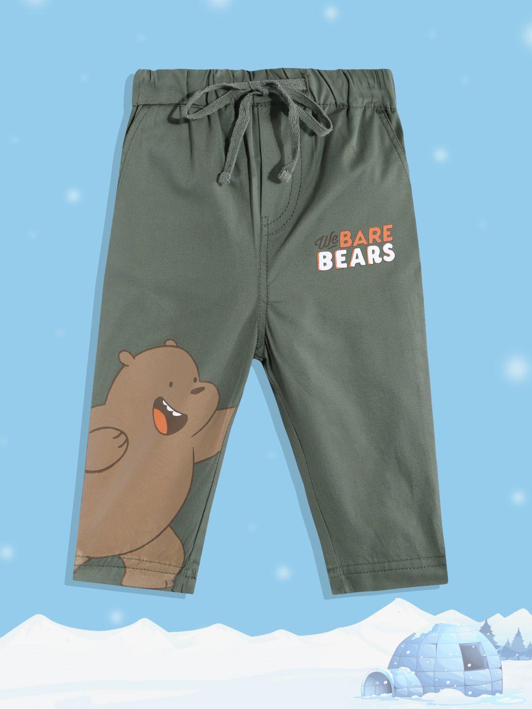 yk warner bros boys olive green & brown pure cotton we bare bears print trousers