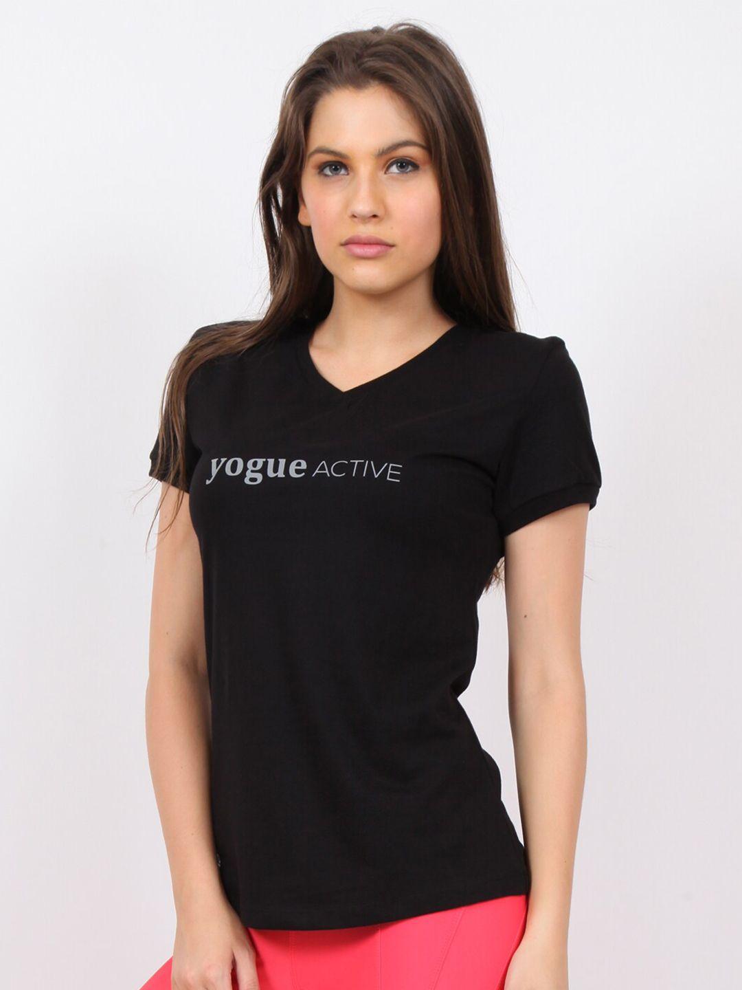 yogue activewear women black typography v-neck cotton outdoor t-shirt