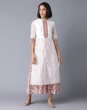 yoke embroidered layered fit & flare dress