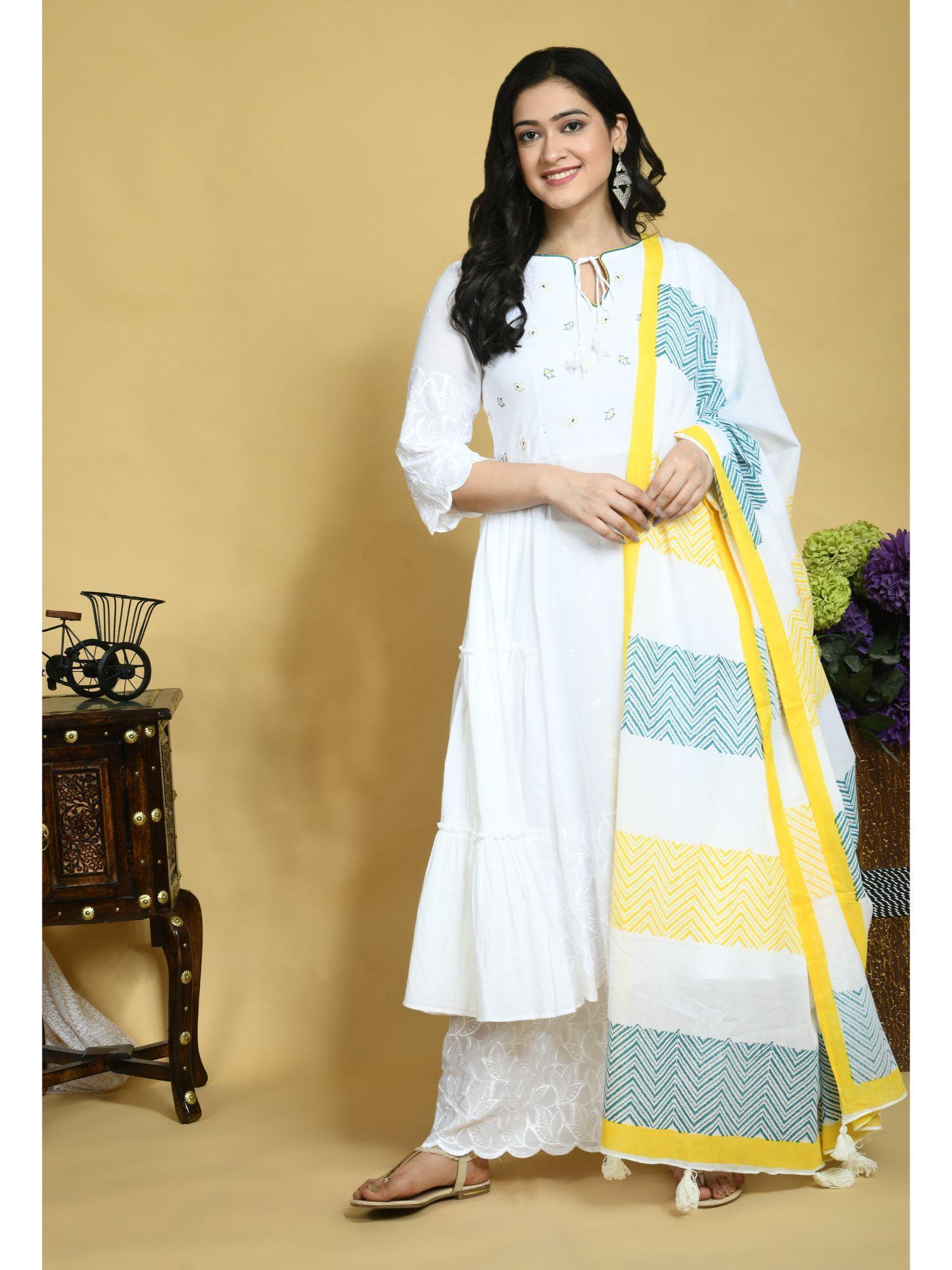 yoke embroidered teal blue & yellow kurta with palazzo & dupatta (set of 3)