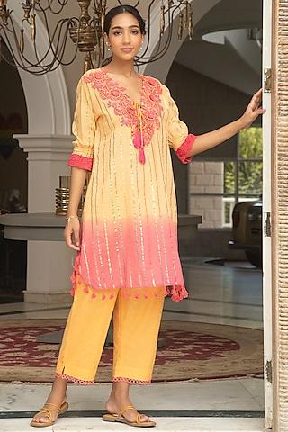 yolk orange printed kurta set