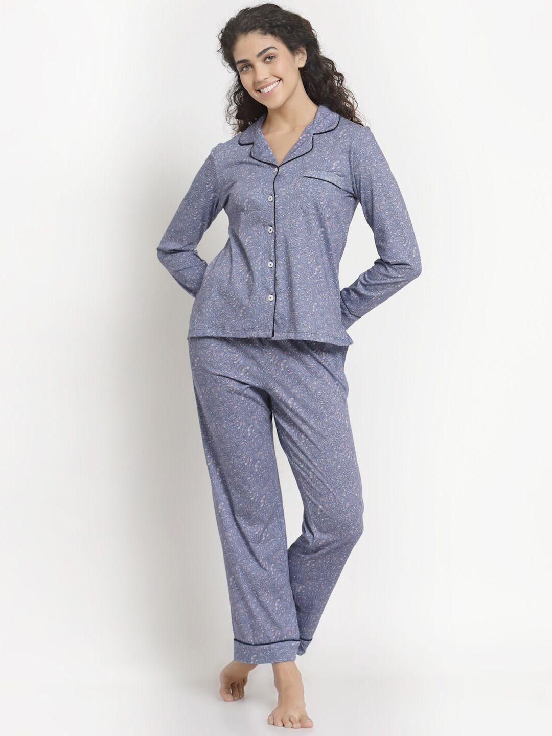 yoonoy-women-blue-&-white-printed-cotton-night-suit