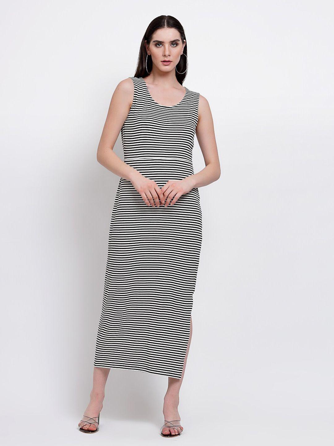 yoonoy striped round neck sleeveless cotton sheath midi dress